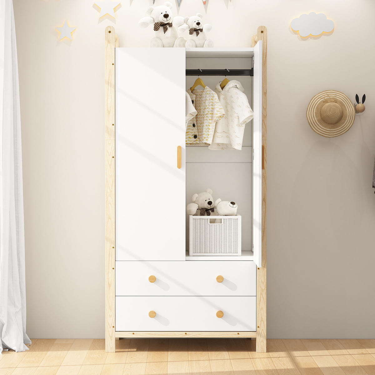 KLEIDERSCHRANK 89,6/180,5/44 cm Natur/Weiß aus Massivholz und MDF mit 2 Schubladen - Weiß, Holzwerkstoff (45/180/90cm) - OKMYHOME