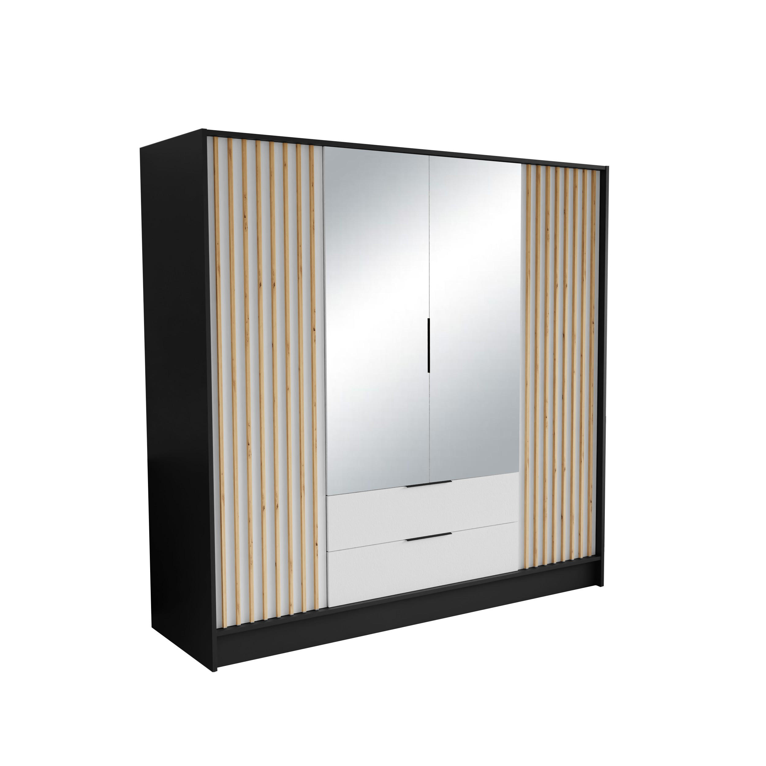 DREHTÜRENSCHRANK PELOR 200/200/51 cm Modern Kleiderschrank 4-türig mit Spiegel Schwarz - Schwarz/Weiß, Holzwerkstoff (200/200/51cm) - MASSENO