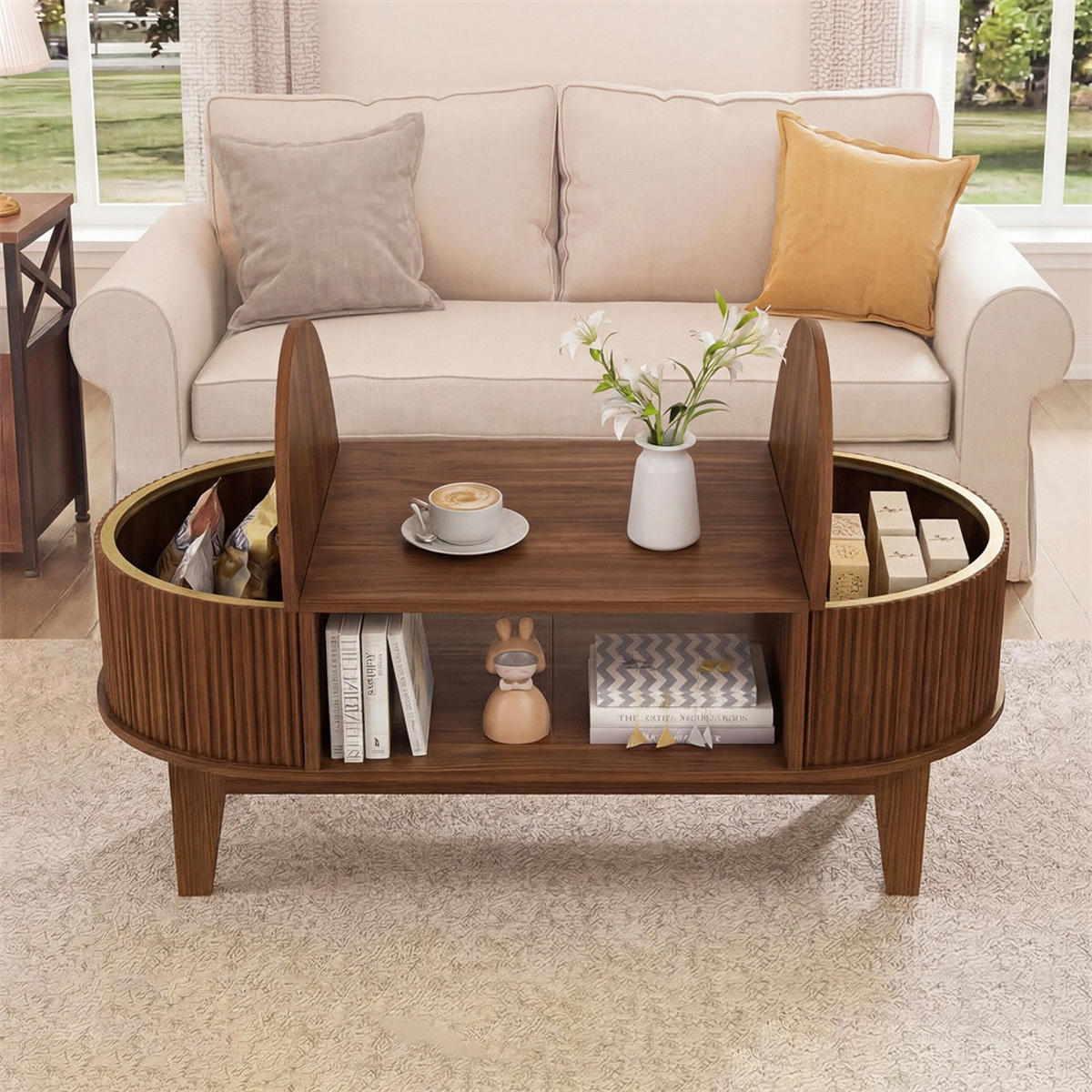 COUCHTISCH oval in Rillenoptik - Wohnzimmertisch mit verstecktem Staufach und offenen Regalen - Walnuss-Optik - Nussbaumfarben, Holzwerkstoff (100/50/40.5cm) - DELFA