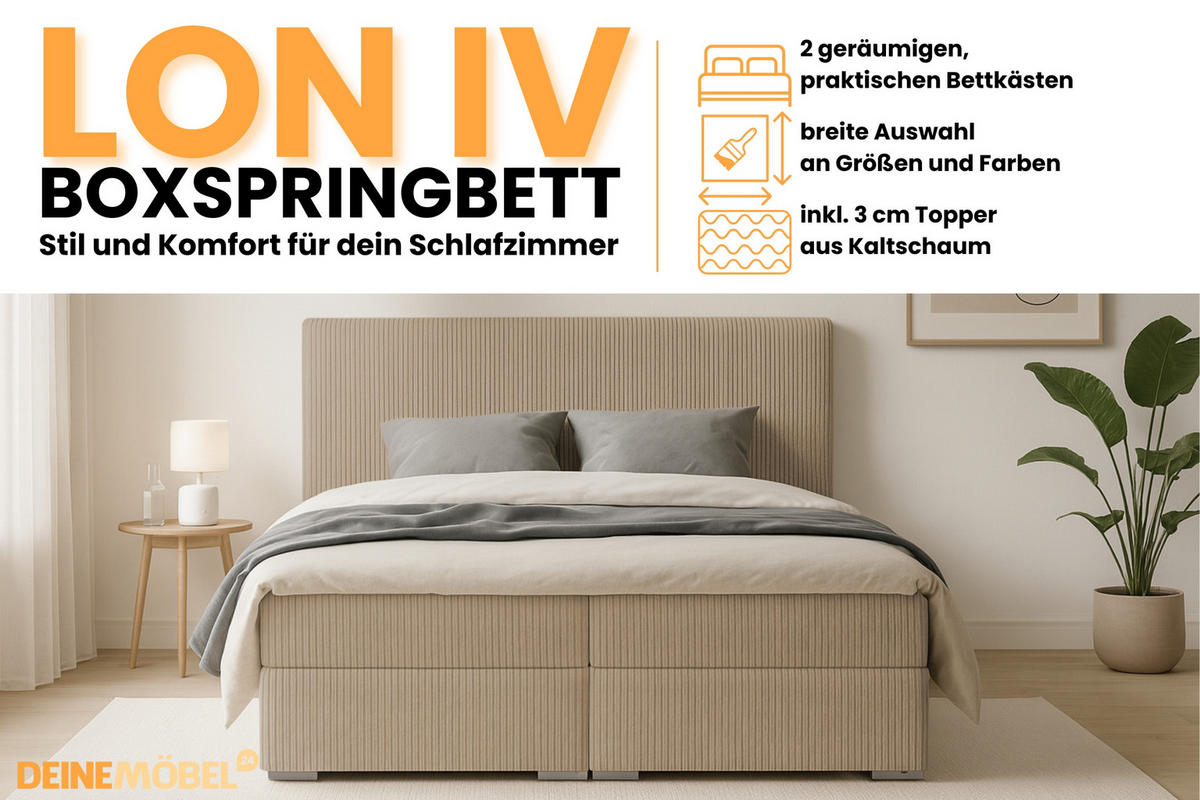 BOXBETT LON IV 180/200 in Cord Beige H4 - Beige, Holz/Holzwerkstoff (180/200cm) - Deine Möbel 24