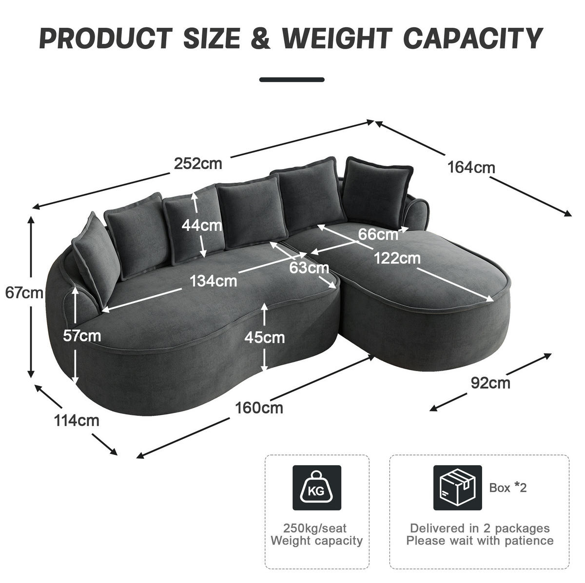 ECKSOFA 252/164/67 cm modular 122 cm grau aus Chenille mit Chaiselongue und Kissen - Grau, Textil (164/252cm) - OKWISH