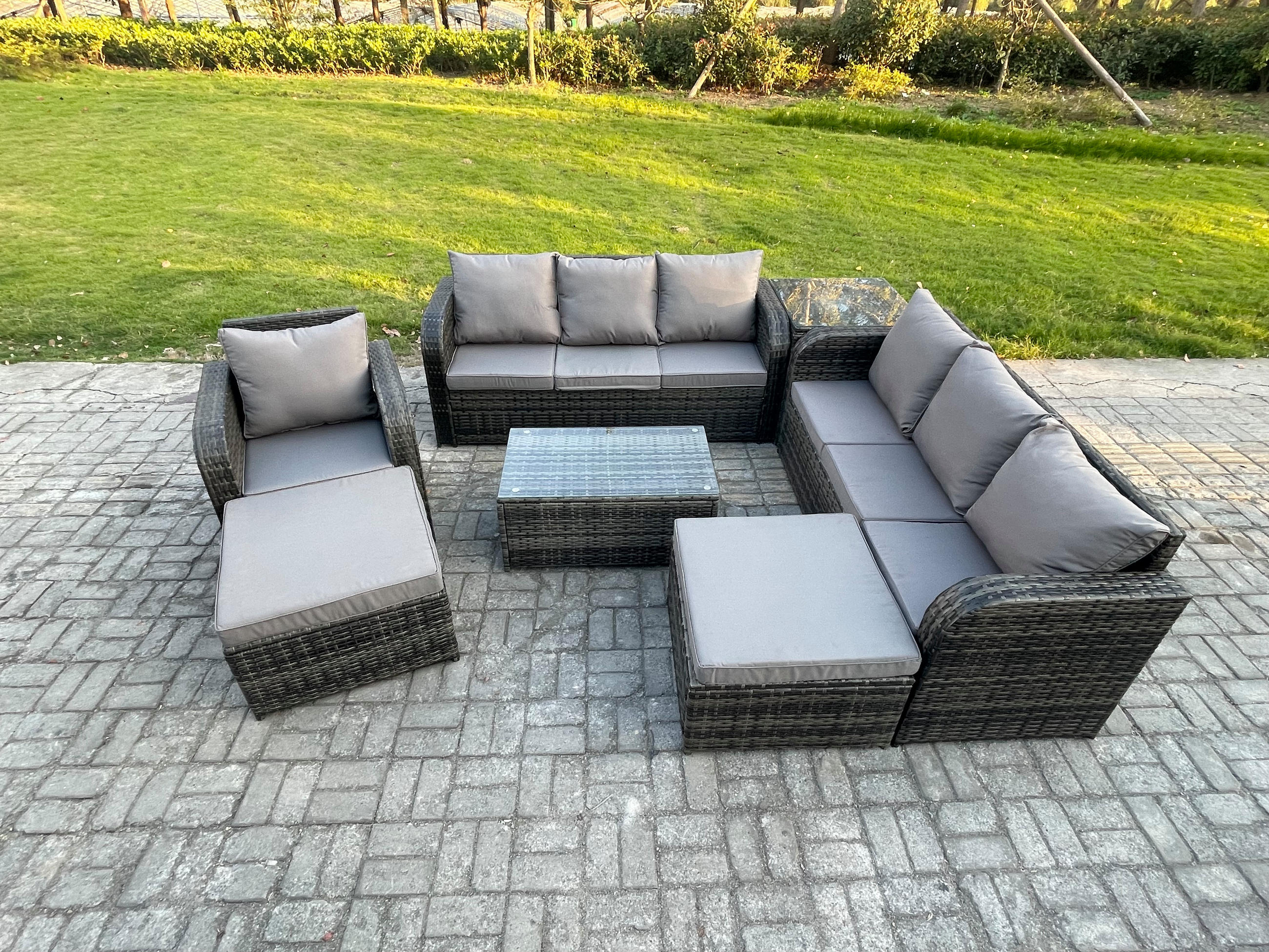 GARTENMÖBEL-SET mit Kissen Polyrattan Dunkelgrau 9-Sitzer - Dunkelgrau/Grau, Glas/Kunststoff - Fimous