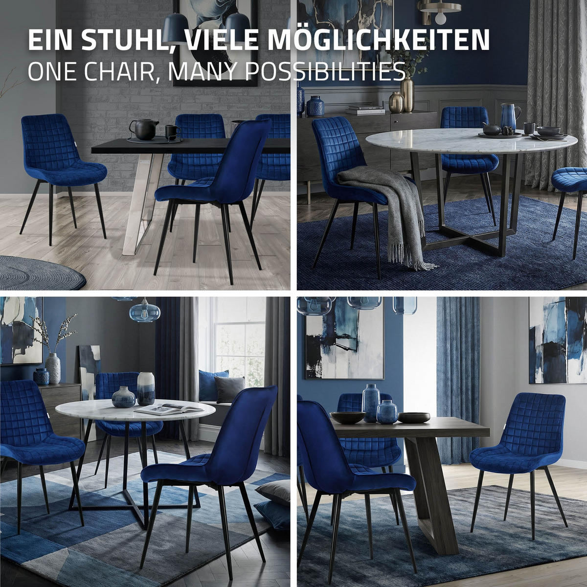 ESSZIMMERSTÜHLE 2ER-SET Dunkelblau Samt - Schwarz/Dunkelblau, Textil/Metall (52/89/60cm) - ML-DESIGN