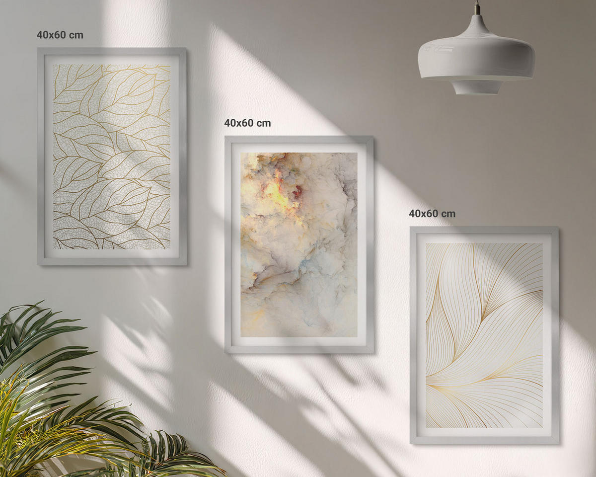 BILDER SET 3er Set - 40x60 cm Silberner Rahmen - Blättermuster Marmor abstrakt - Silberfarben, Kunststoff (40/60cm) - TULUP