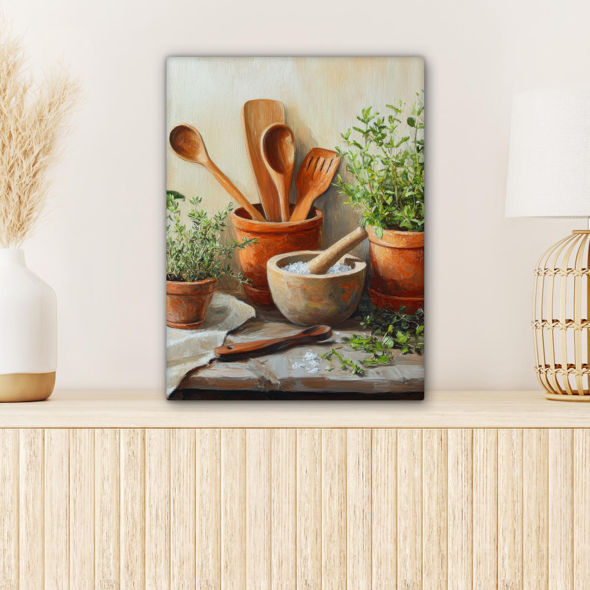 LEINWANDBILD Töpfe - Kräuter - Holz 30x40 cm - Terracotta, Textil (30/40cm) - MuchoWow