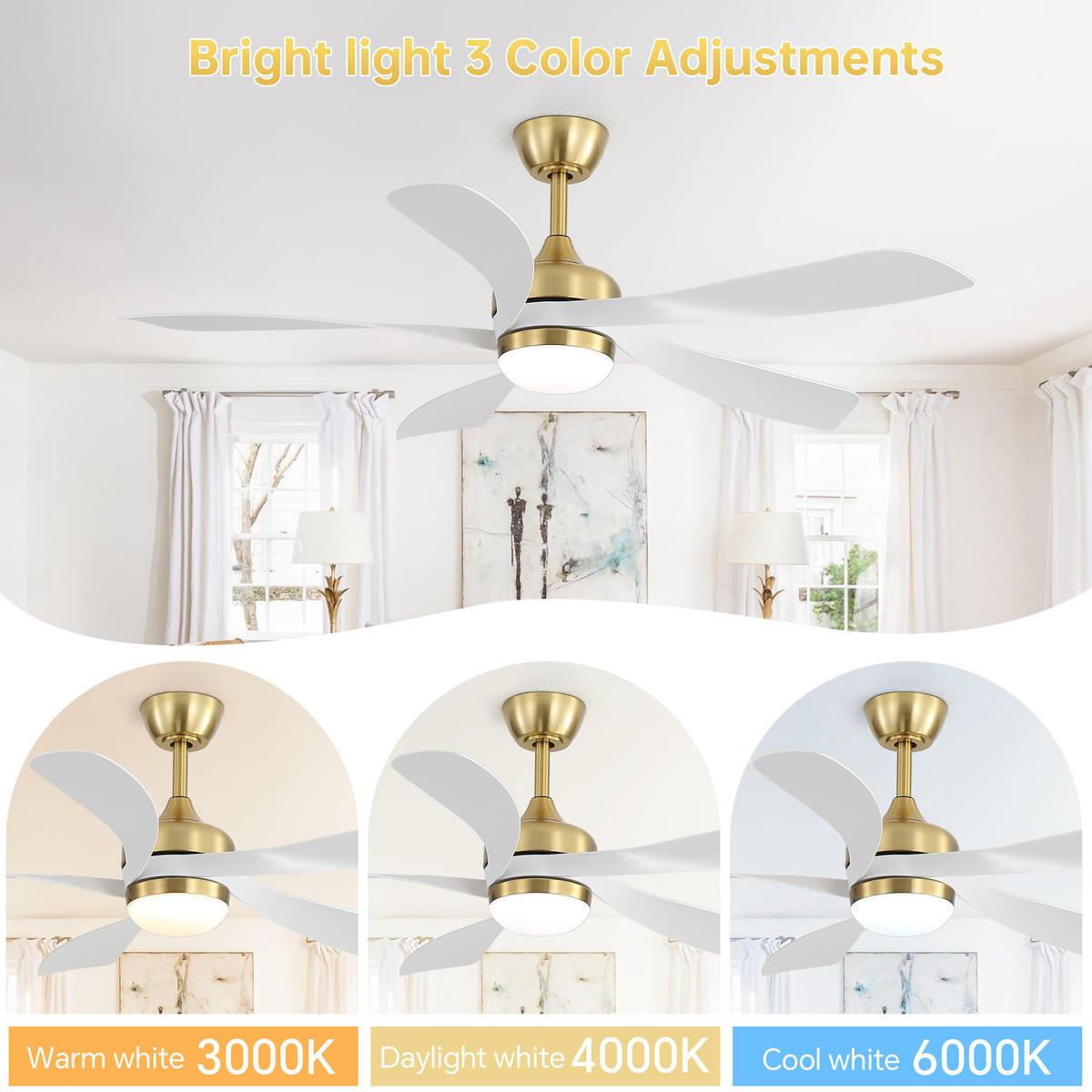 DECKENVENTILATOR 52Zoll LED Licht Dimmbar DC Motor 5 ABS Flügel - Weiß, Kunststoff (132.08/132.08/26.8cm) - CASIVA