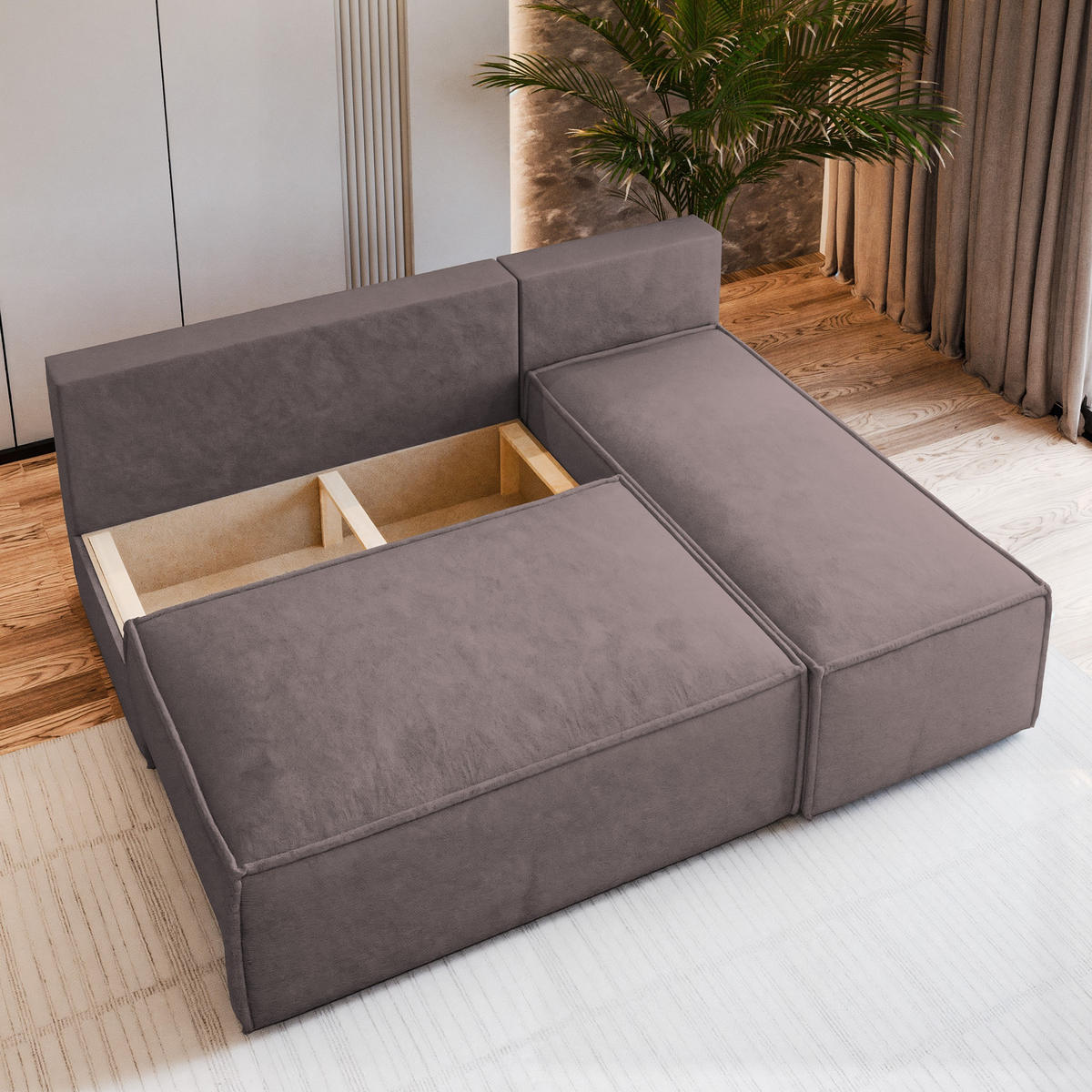 ECKSOFA BRISO M Lila Velours-Stoff mit Schlaffunktion - Lila, Holz (200/140cm) - MASSENO