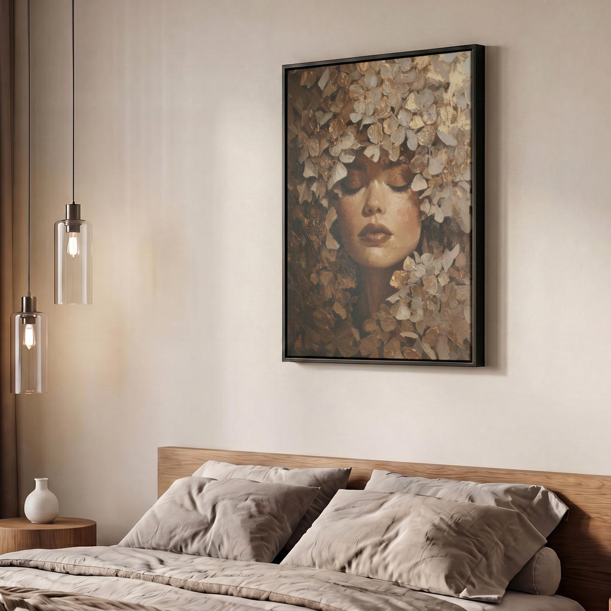 LEINWAND Bilder mit Rahmen - Gesicht - Dame - Blätter - Pinselstriche - 50x70 - Goldfarben, Textil (50/70cm) - MuchoWow