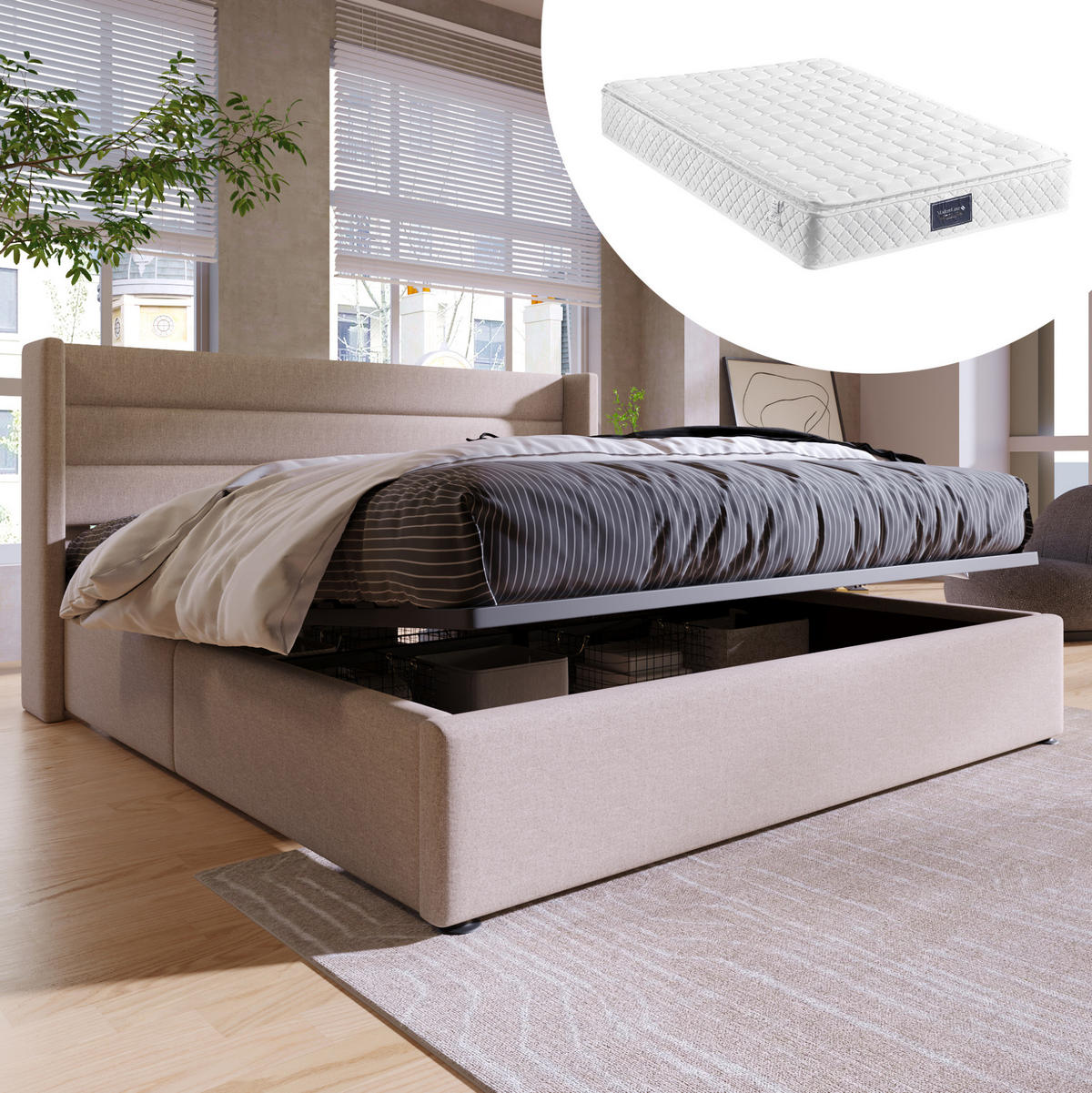 POLSTERBETT 140/200 cm Beige aus Leinen mit Hydraulik und Stauraum - Beige, Textil (140/200cm) - OKMYHOME
