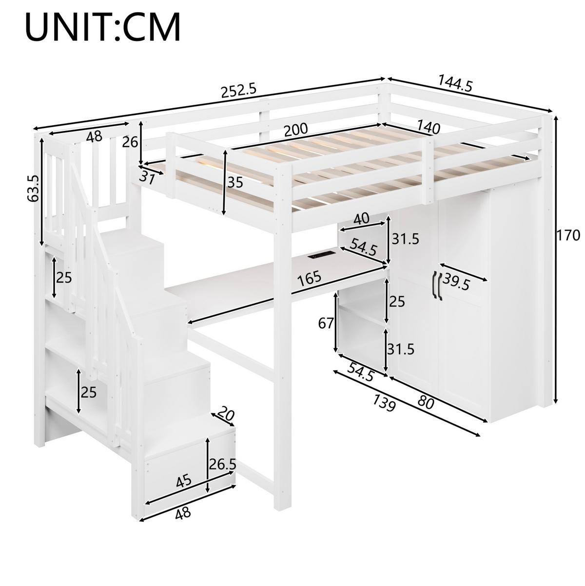 HOCHBETT aus MDF, Kiefer und Sperrholz 140x200 cm Weiß mit Schreibtisch, Regal, Kleiderschrank, Stauraumtreppe und LED-Beleuchtung - Weiß, Holzwerkstoff (140/200cm) - Modfu