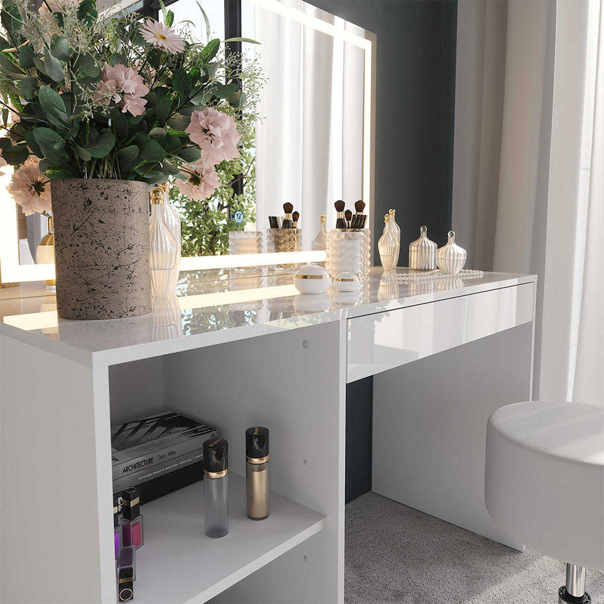 SCHMINKTISCH Sherry Weiß/Weiß Hochglanz 119.8 cm mit LED-Beleuchtung und Hocker - Weiß Hochglanz, Holzwerkstoff (119.8/76/50.1cm) - Vicco