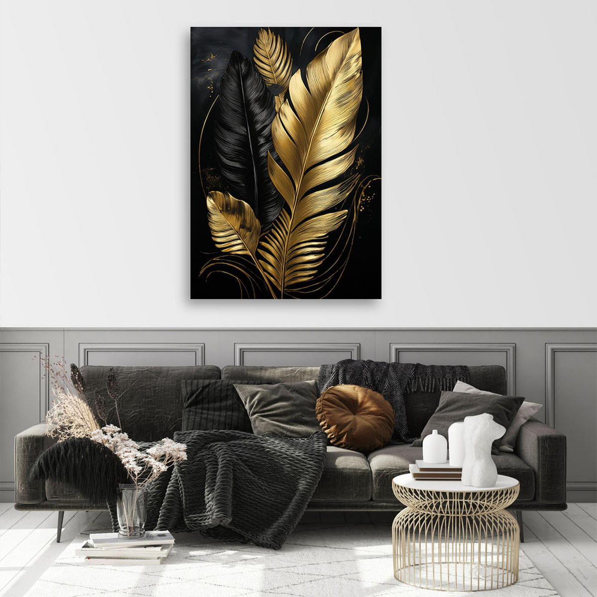 LEINWANDBILD Monstera-Blatt Schwarz-Gold 80x120cm - Goldfarben, Textil (80/120cm) - Feeby