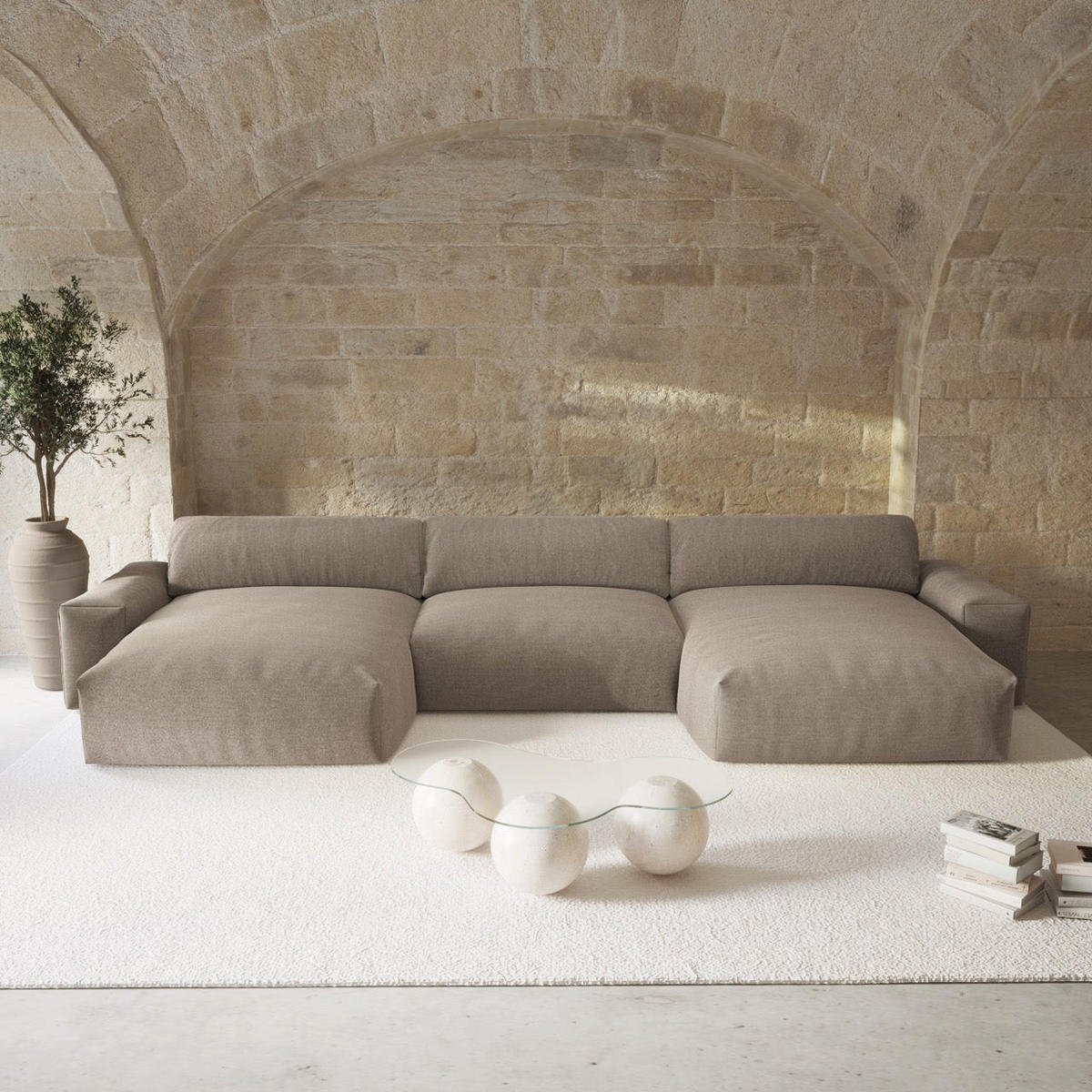 WOHNLANDSCHAFT Rastergewebe Taupe 420cm - Taupe, Textil (420/75/174cm) - Sia Home