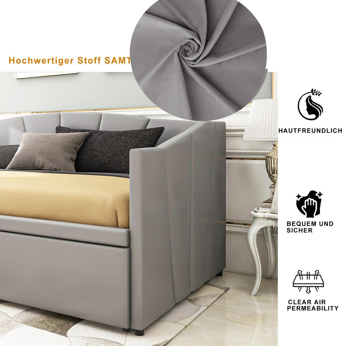 POLSTERBETT 90/200 cm ausziehbar auf 180/200 cm mit Lattenrost und Rückenlehne, Grau - Grau, Textil (90/200cm) - Redom