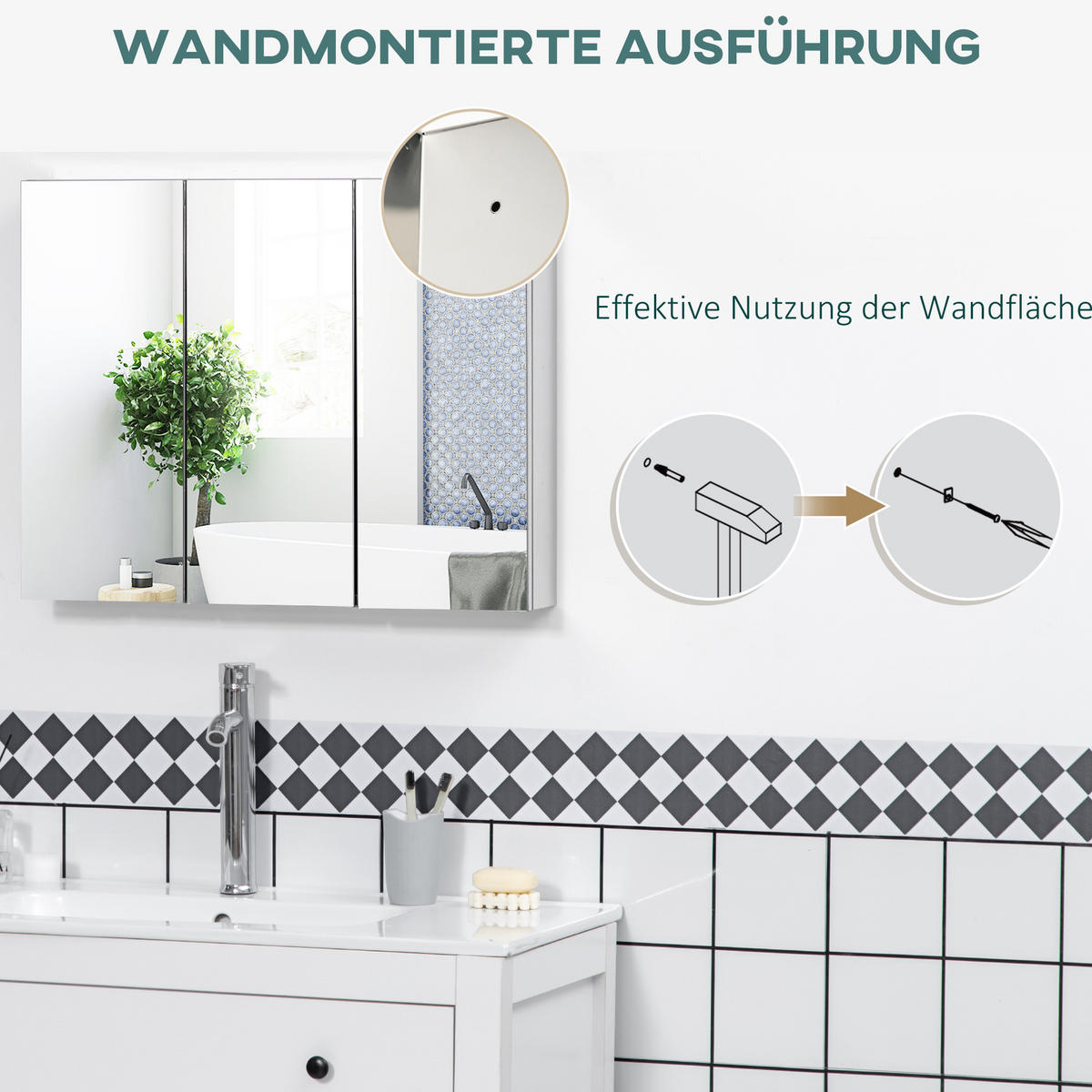 SPIEGELSCHRANK mit 5 Ablagen, 3 Glastüren, Edelstahl, 70 x 12 x 55 cm, Silber - Silberfarben, Glas (12/55/70cm) - Kleankin