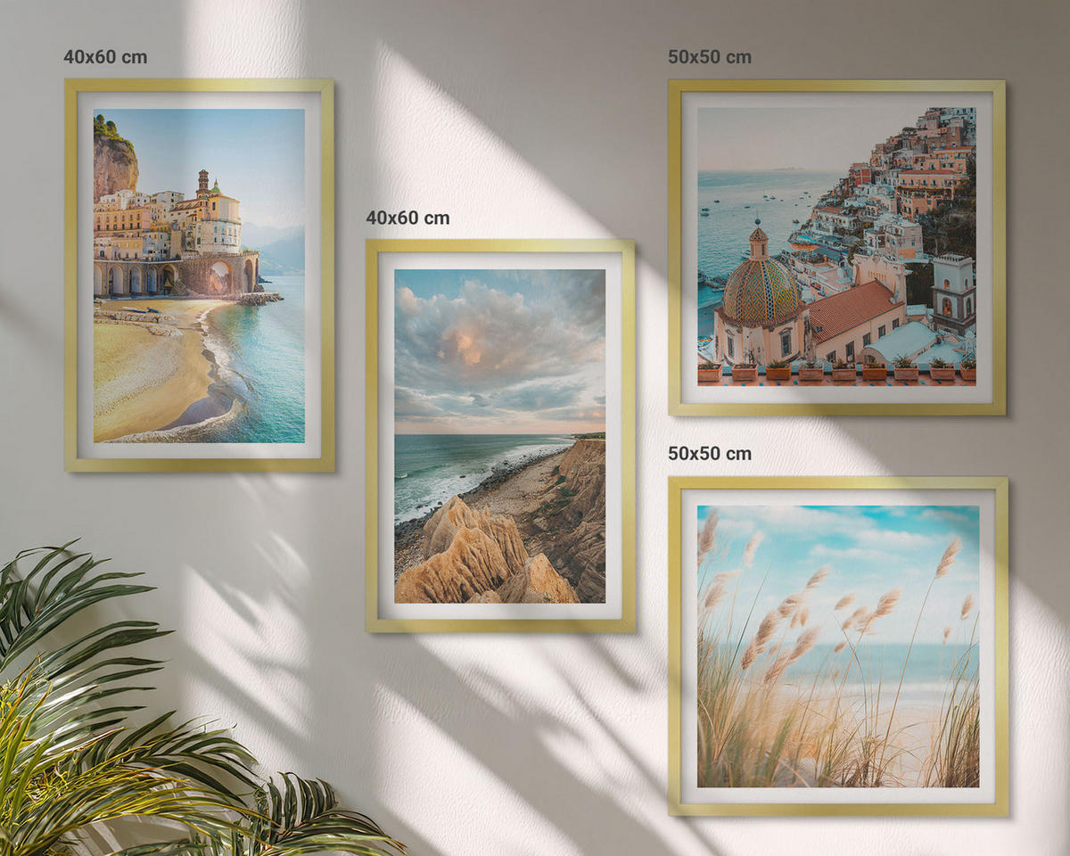 BILDER SET 4er Set - 50x50 cm & 40x60 cm Goldrahmen - Landschaften Strand Stadt Klippen - Goldfarben, Kunststoff (50/50cm) - TULUP