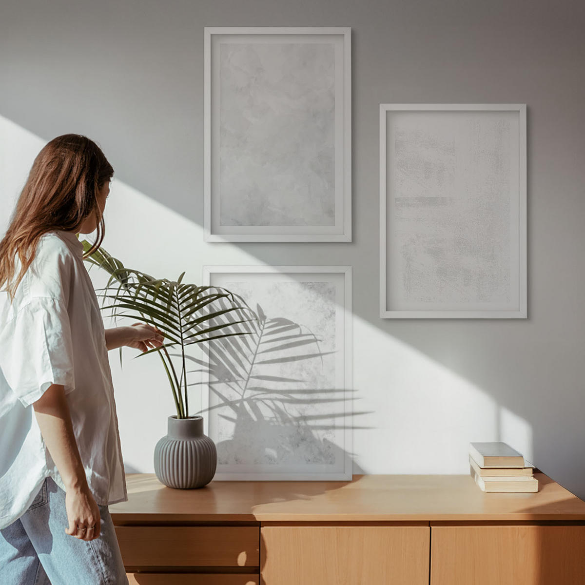 BILDER SET 3er Set - 40x60 cm Weißer Rahmen - Minimalistischer Hintergrund mit weißen Punkten - Weiß, Kunststoff (40/60cm) - TULUP