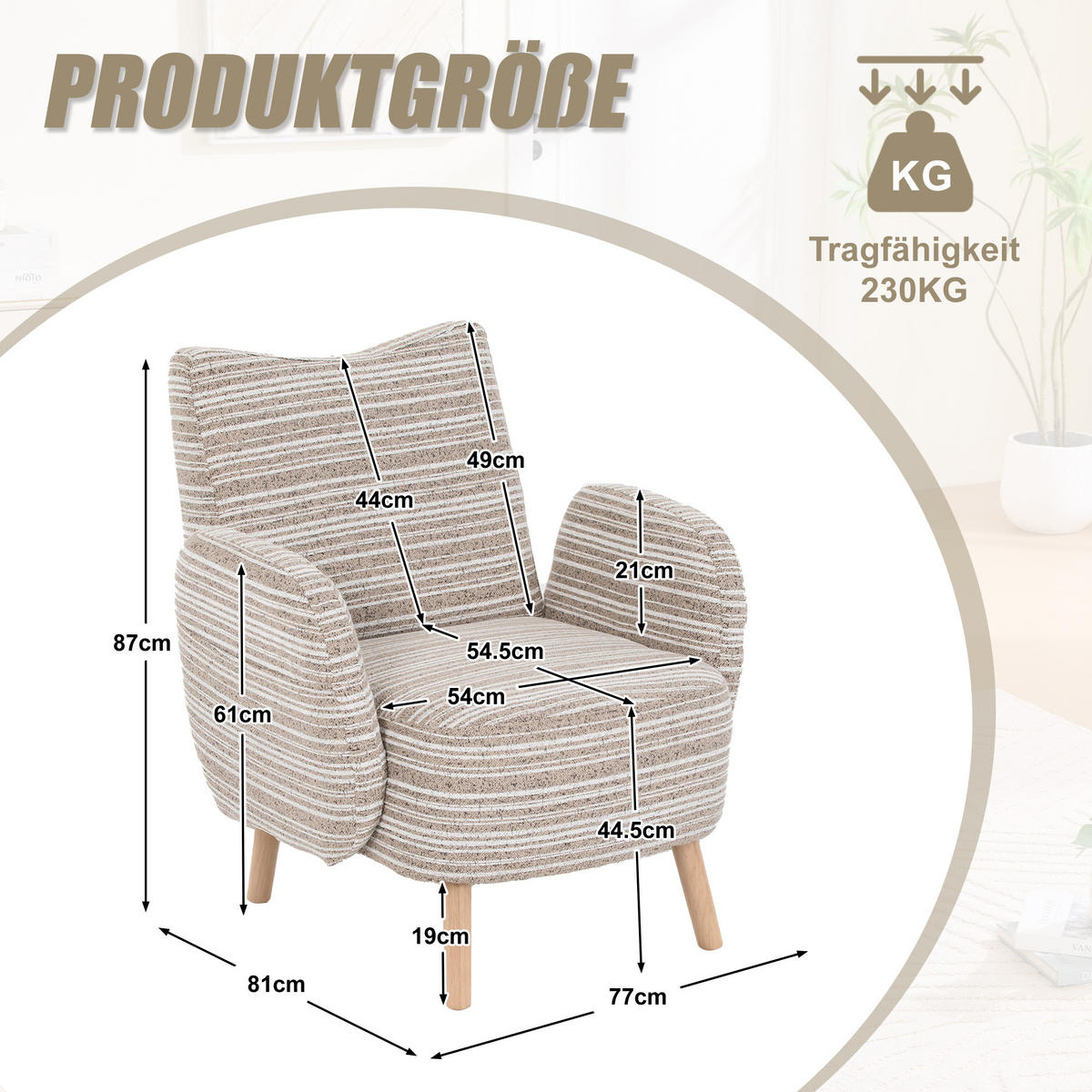 POLSTERSESSEL mit Kreismuster 77x81x87 cm Holzbeine - Beige, Textil/Metall (77/87/81cm) - PARAFTA HOME