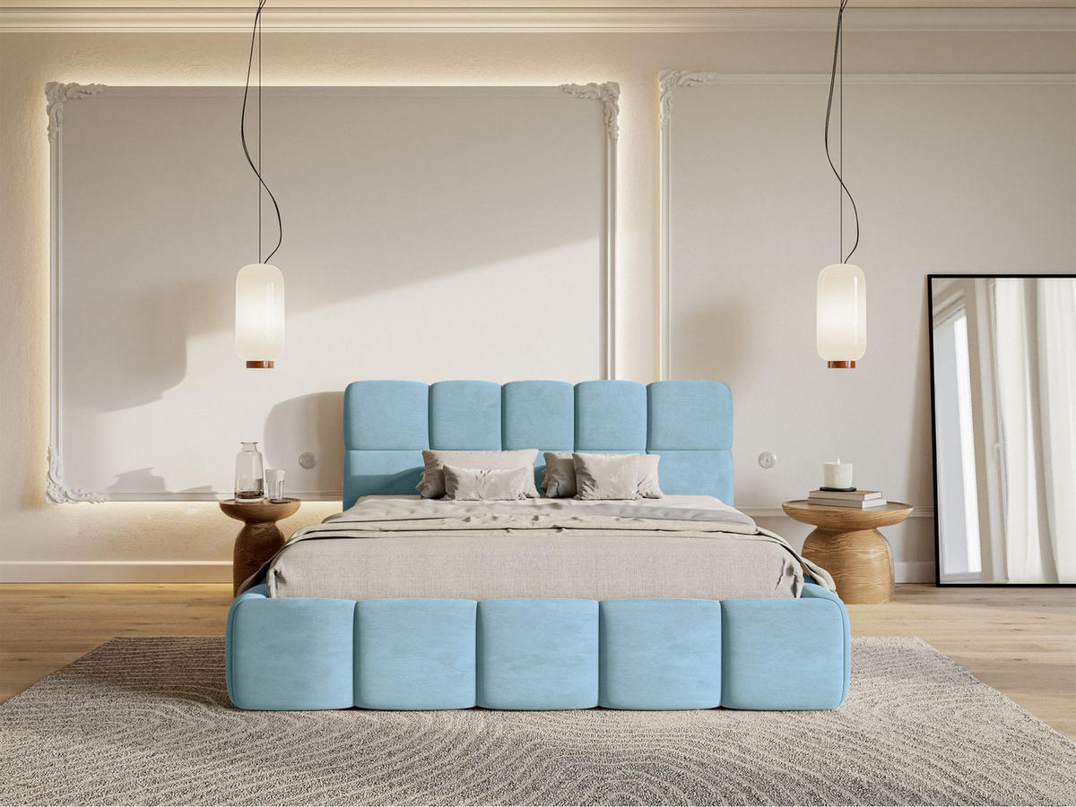 POLSTERBETT Cloudy Hellblau Samt, 120x200 cm - Schwarz/Hellblau, Kunststoff/Textil (120/200cm) - Selsey