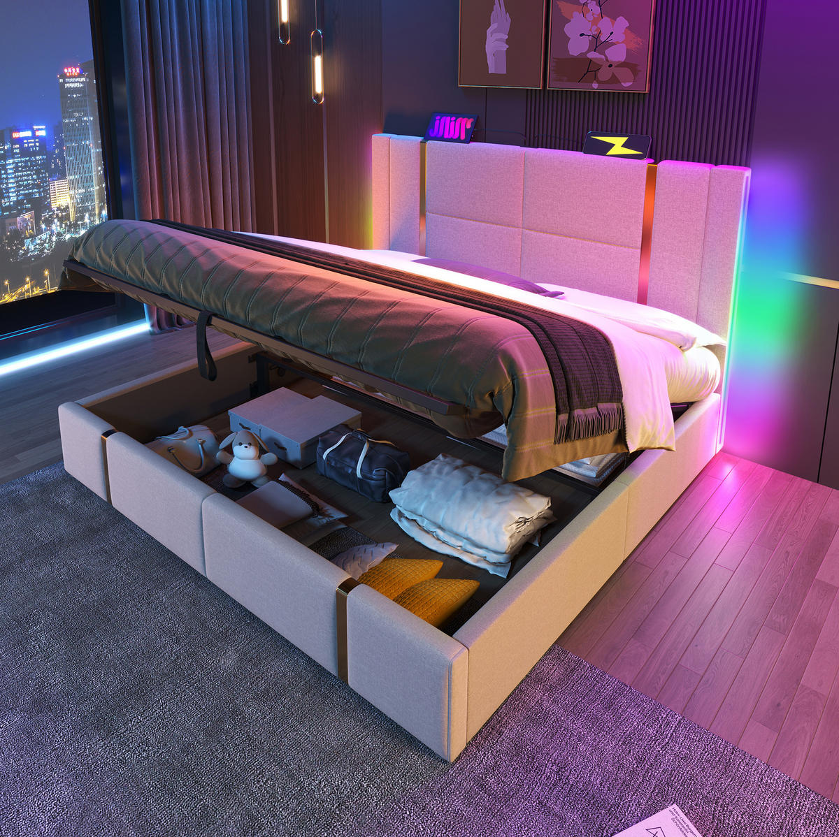 POLSTERBETT mit Stauraum LED USB/Type-C 180x200 cm Beige - Beige, Metall (180/200cm) - Meubliv