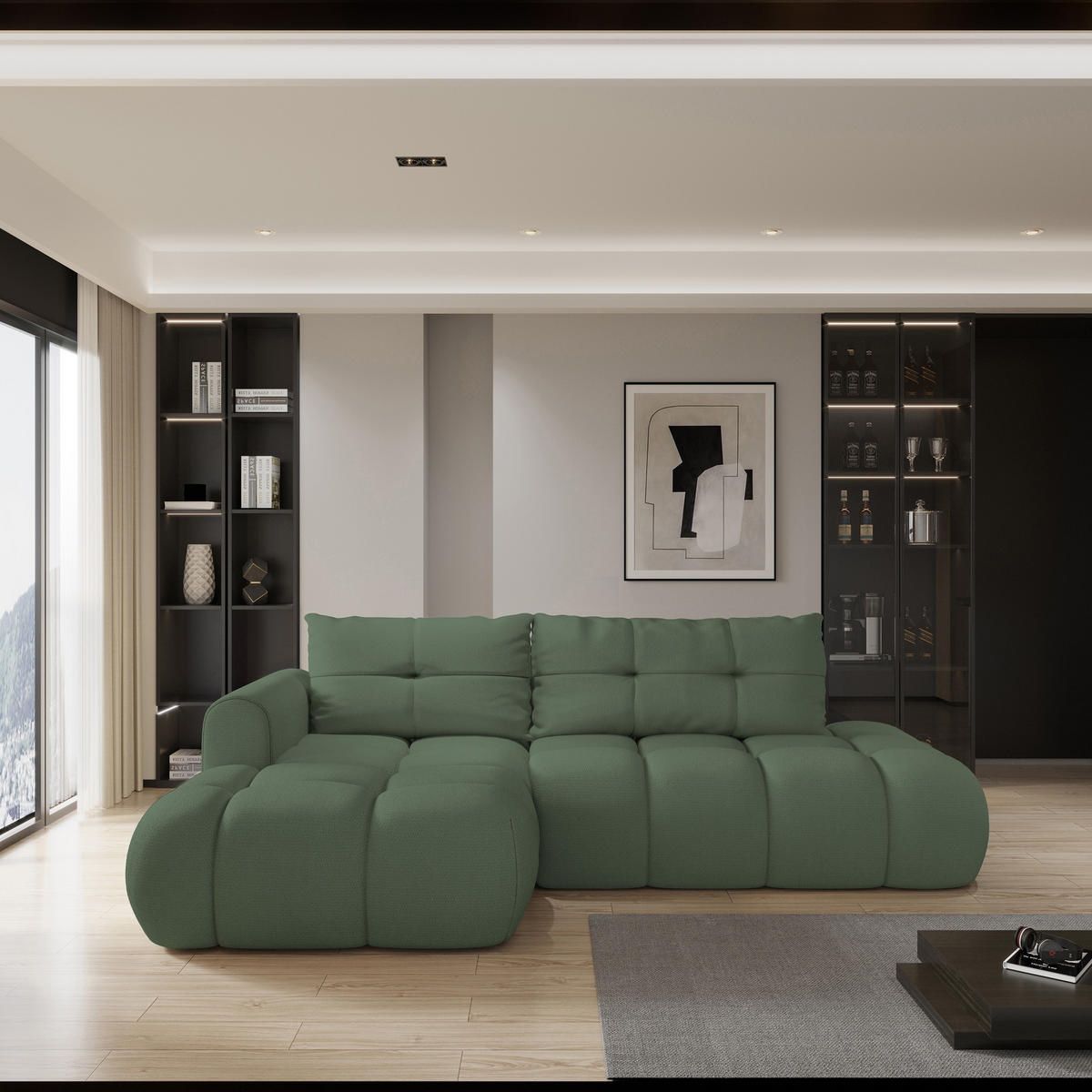 ECKSOFA FLUMA L-S Grün Geflochtener Stoff mit Schlaffunktion - Grün, Holz (274/165cm) - MASSENO