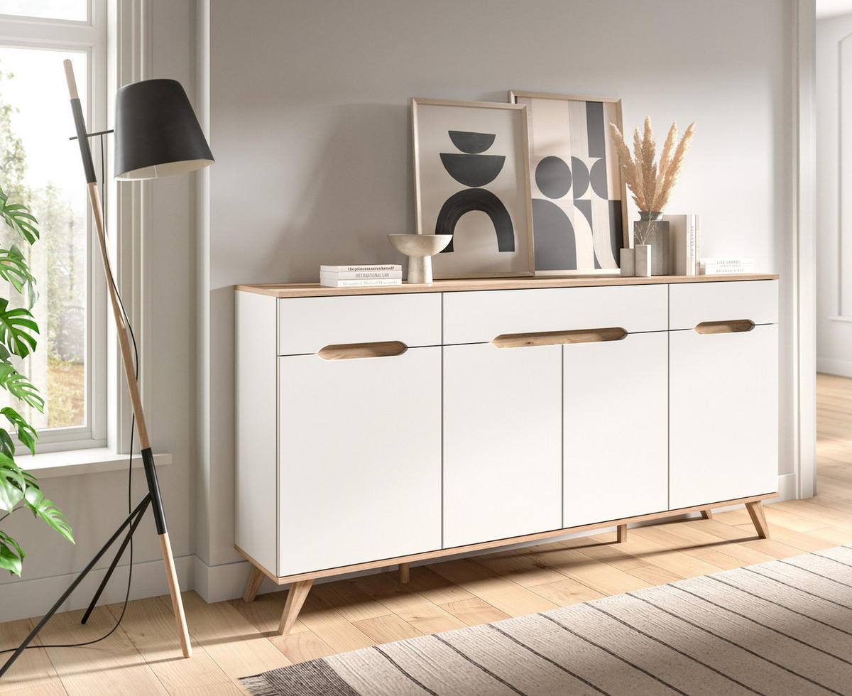 SIDEBOARD weiß, Eiche 185 cm, Kommode mit Soft-Close-Funktion - Eichefarben/Weiß, Holzwerkstoff/Metall (185/95/40cm) - Inn.Furn
