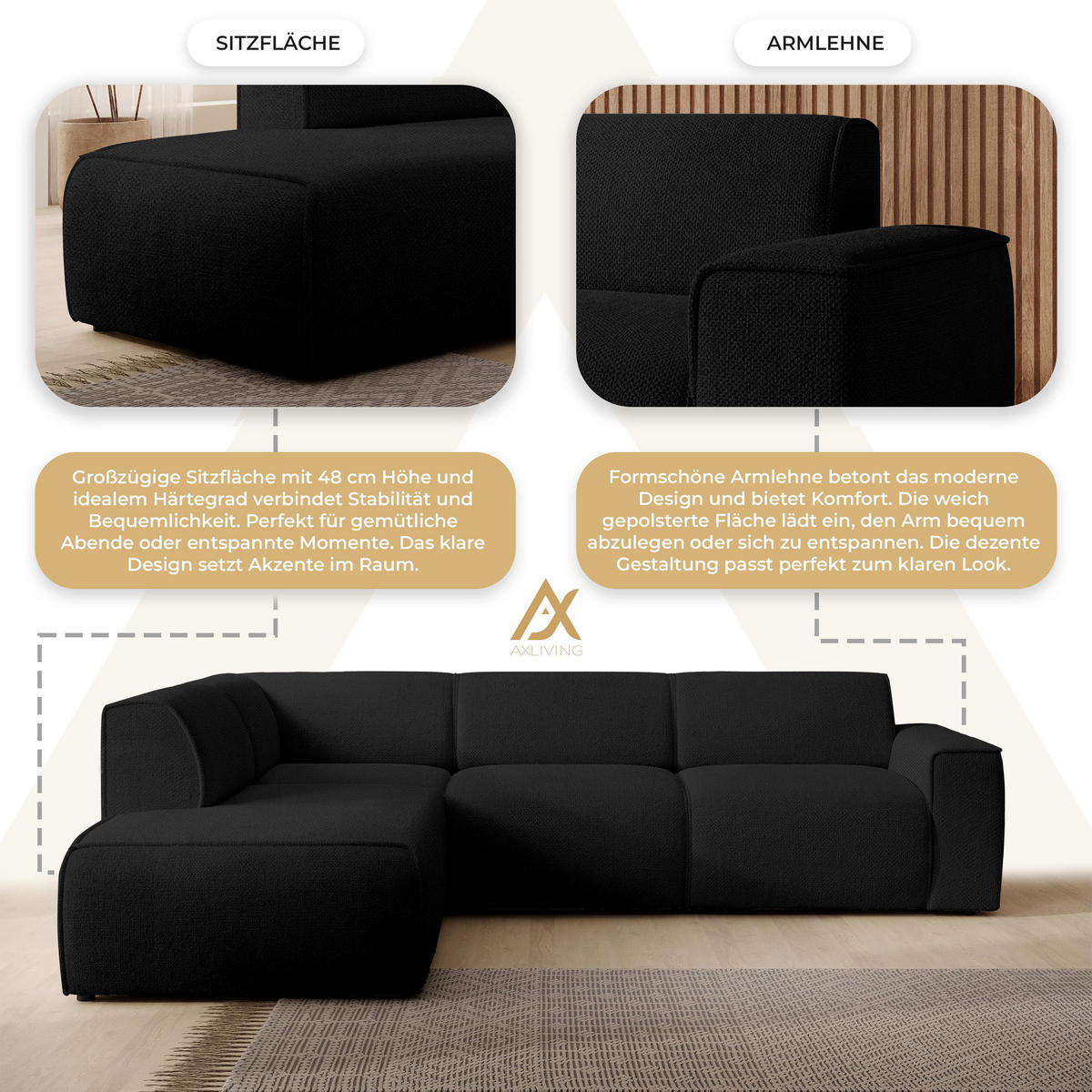 ECKSOFA L Form Didim Schwarz 292/220/78 cm – großes Sofa stilvoll & bequem L - Schwarz, Kunststoff/Textil (220/292cm) - AX Living