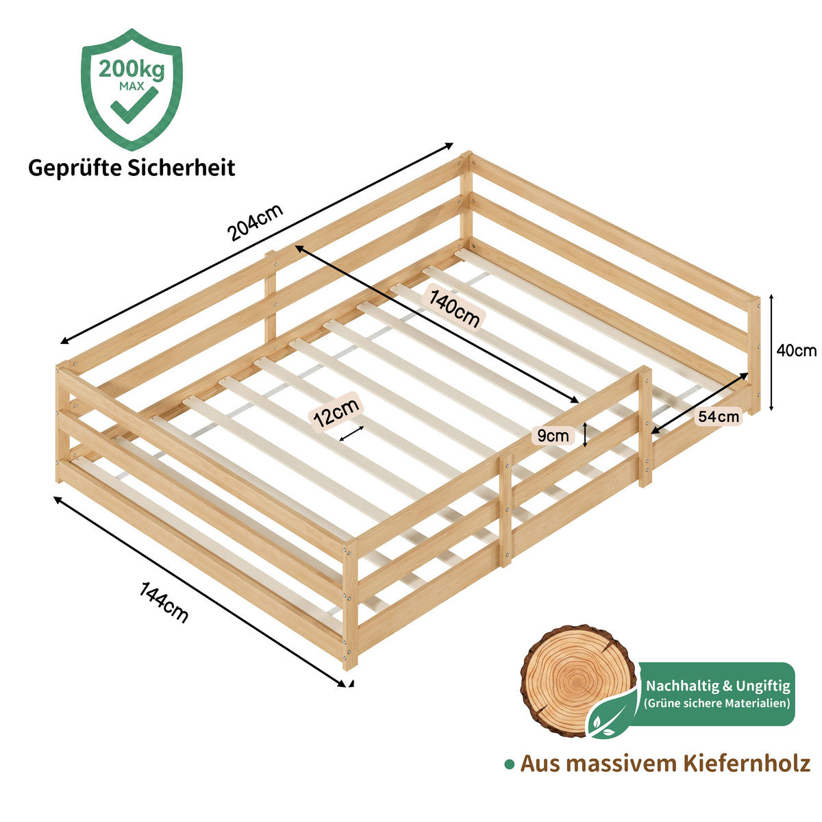 KINDERBETT 140/200 cm in Natur mit Lattenrost und Umrandung - Naturfarben, Holz/Holzwerkstoff (140/200cm) - WISHDOR