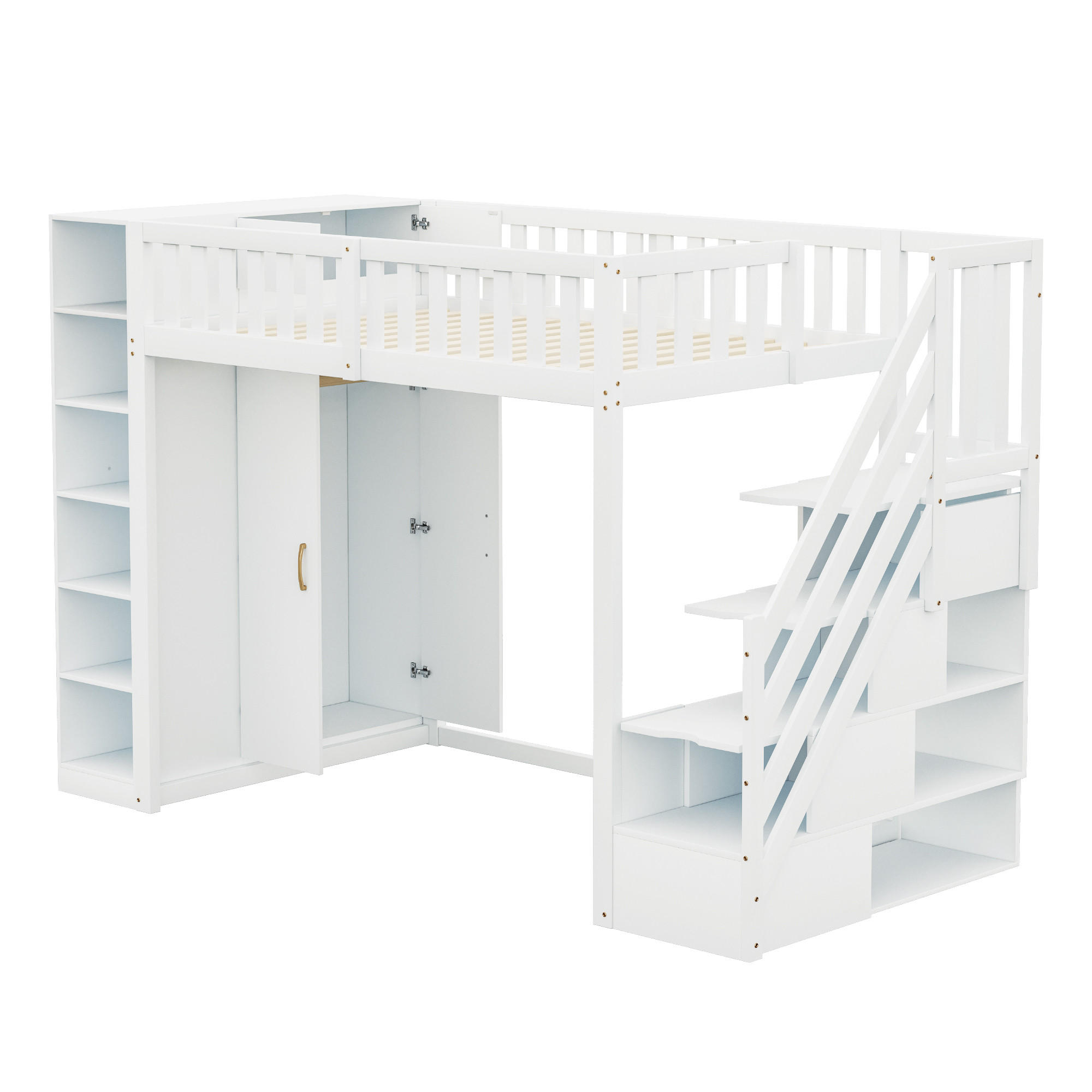 HOCHBETT 90/200 cm DE-01656, in Weiß, mit Kleiderschrank, Regalen und Stauraumleiter - Weiß, Holz (90/200cm) - ComfortXL