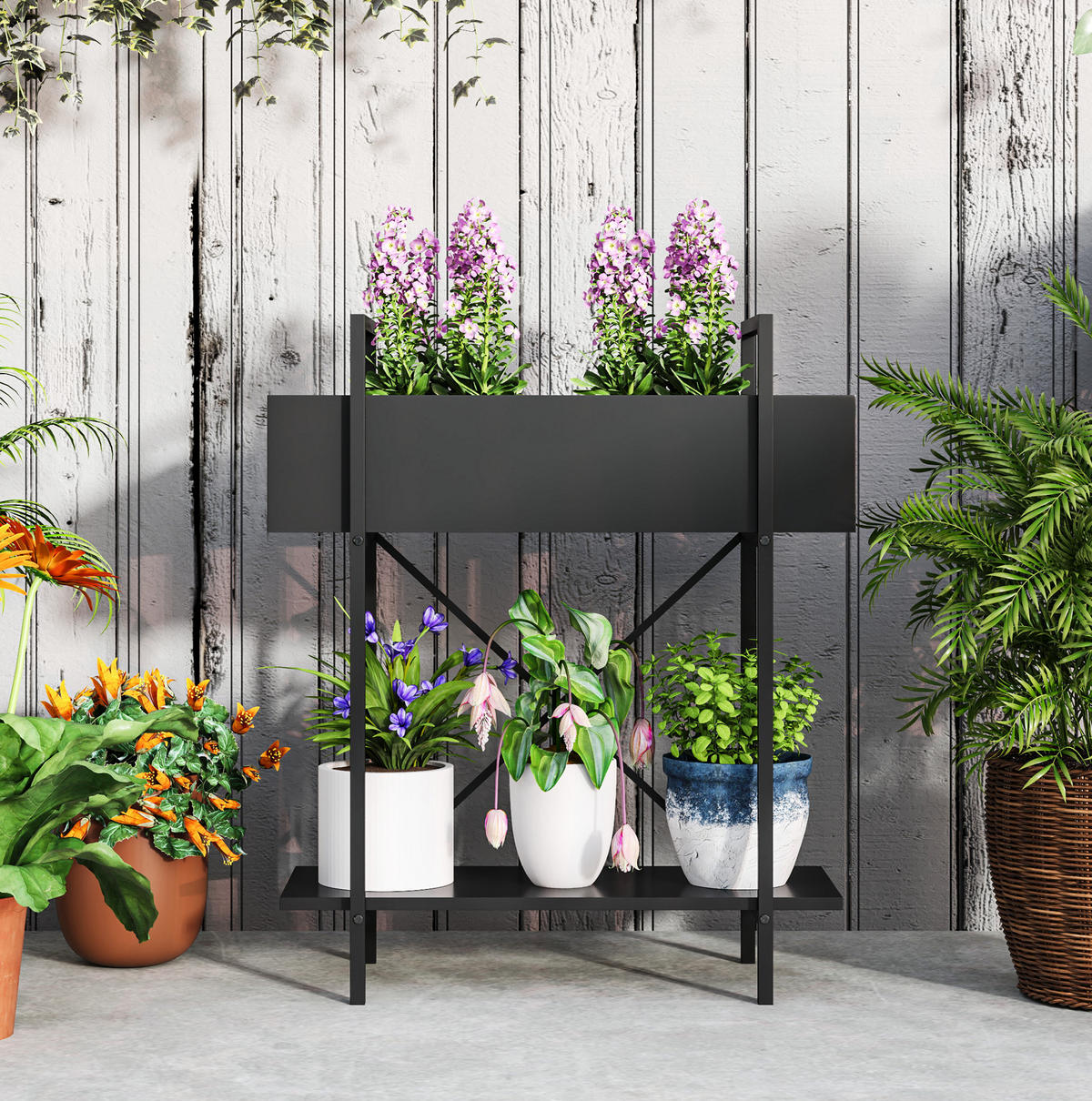 BLUMENSTÄNDER 60/25/70 cm aus Metall mit 2 Ebenen, Ablauflöchern und X-Rückenstruktur, Schwarz - Schwarz, Metall (25/70/60cm) - Redom