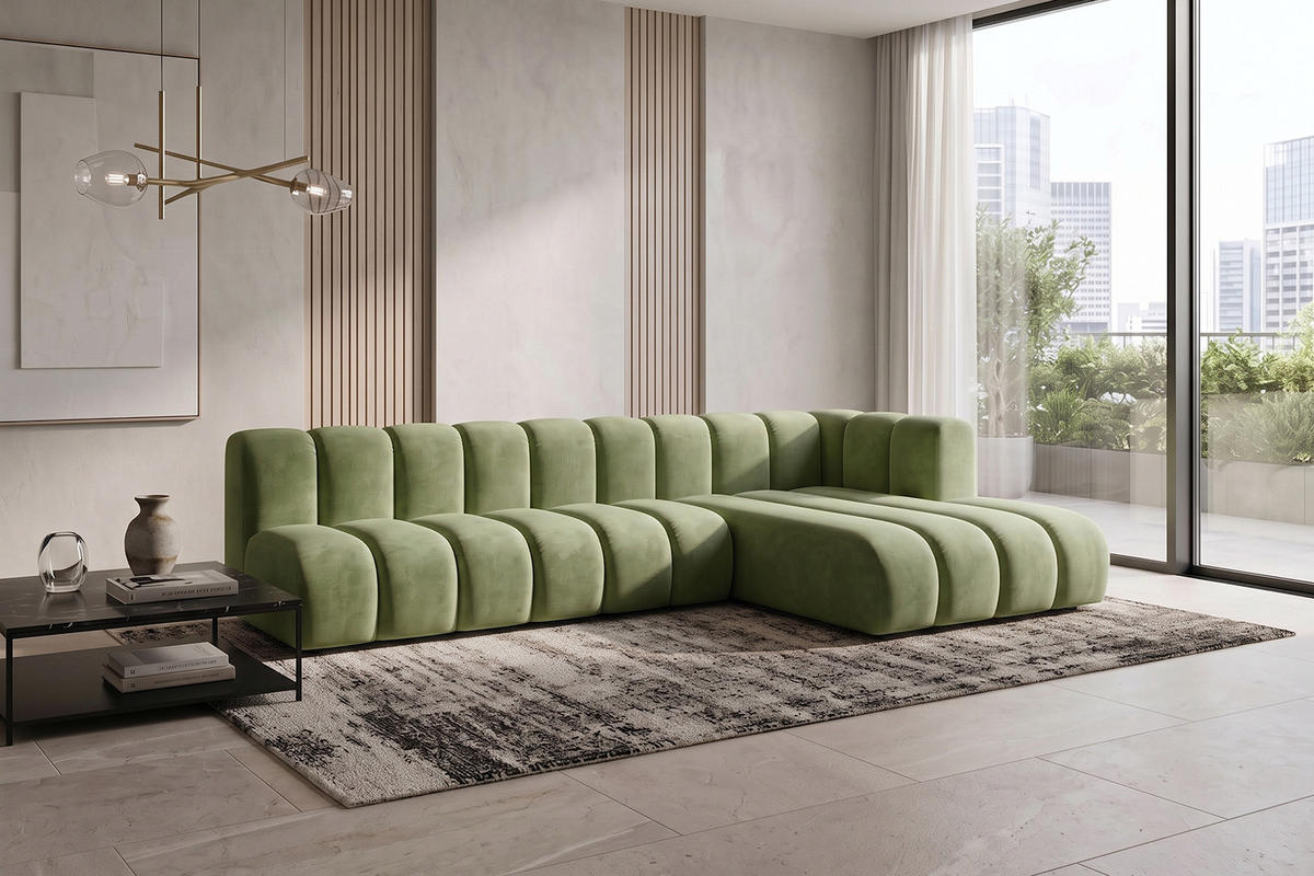 ECKSOFA Modulares In L-Form, Velvet-Stoff Riviera, Olive, Rechts, GRAND 295 cm - Olivgrün, Holz (295/179cm) - Kaiser Möbel