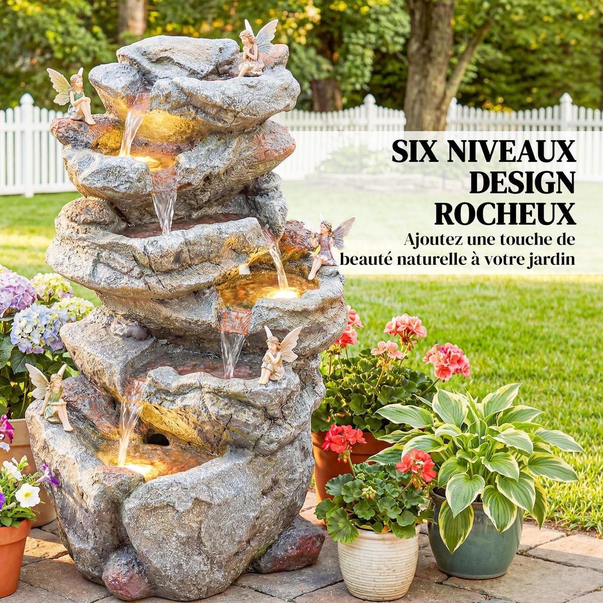 GARTENBRUNNEN DE-18870 6-stufige Kaskade mit LED Grau - Grau, Kunststoff (33/27/53cm) - ComfortXL