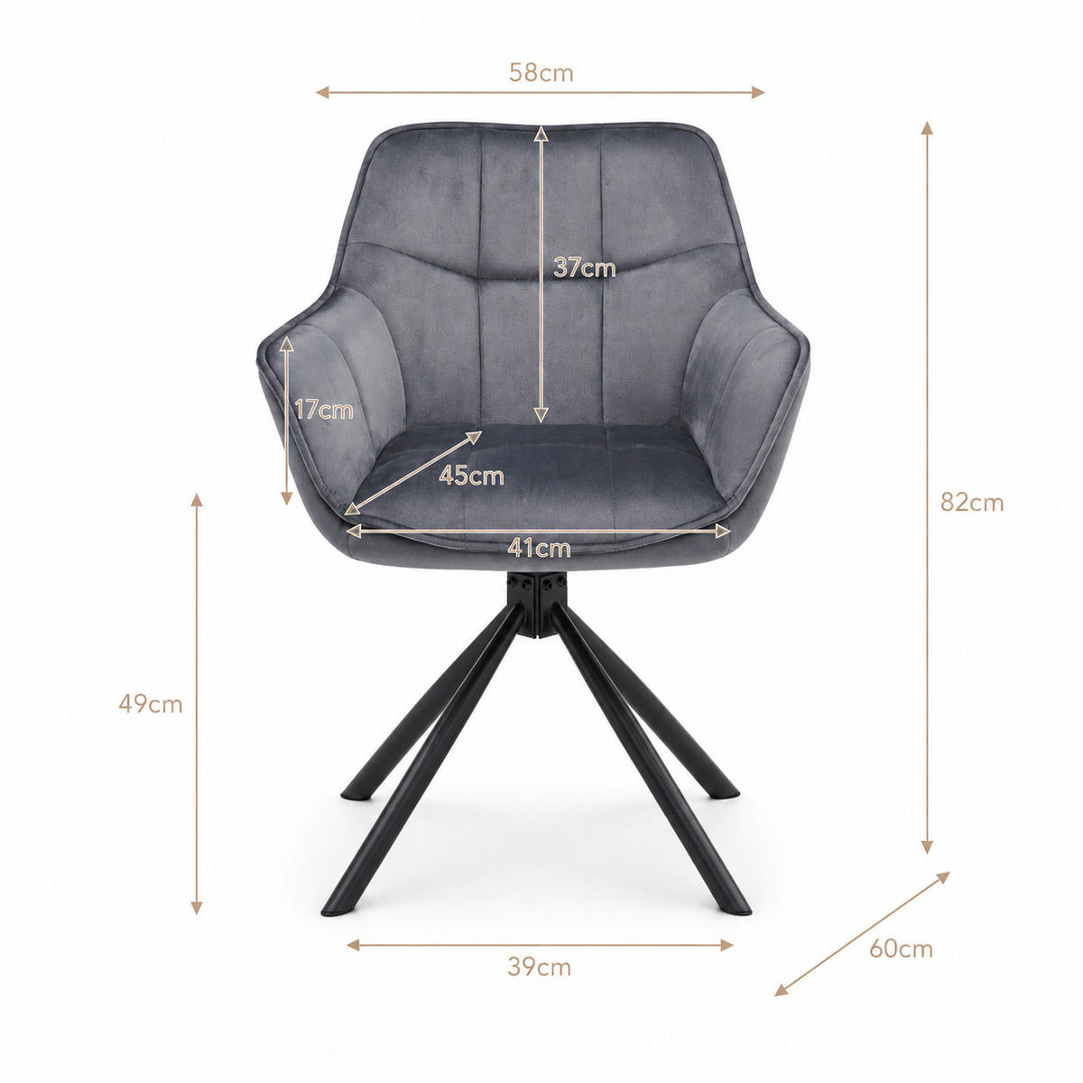 DREHSTUHL Drehsessel Samt mit Armlehne, 180° drehbar, 1 Stück, Beige - Beige/Schwarz, Metall (58/82/60cm) - AN Furniture Store