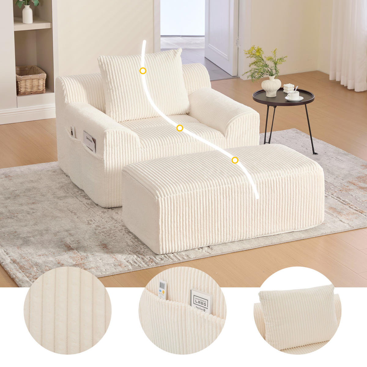 SESSEL 147/110/67 cm aus Cord mit Fußhocker – bis 200 kg belastbar - Beige, Textil (147/67/110cm) - BEAOK