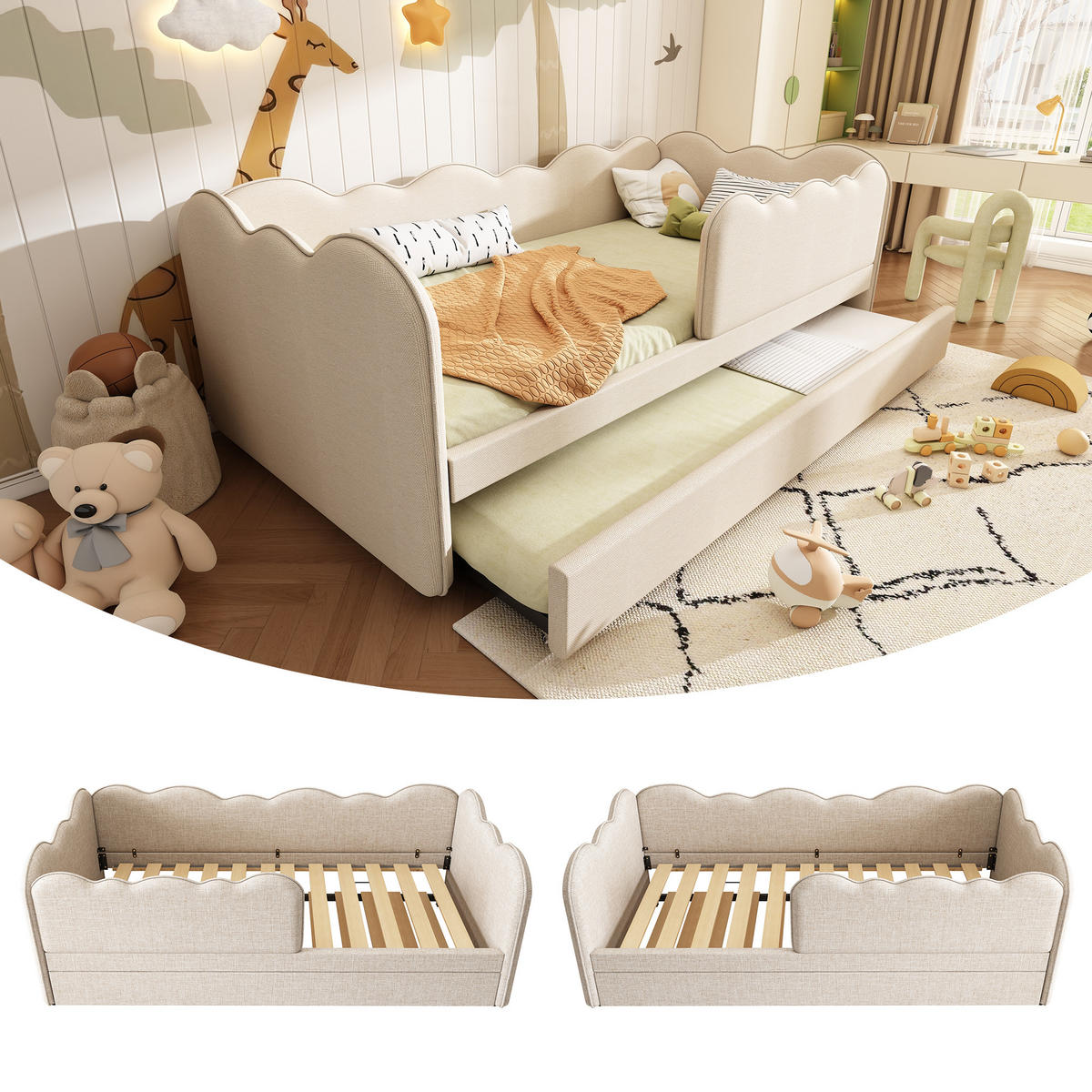 KINDERBETT 90/190 cm & 90/190 cm in Beige Leinen mit Ausziehbett - Beige, Holzwerkstoff/Textil (90/190cm) - WISHDOR