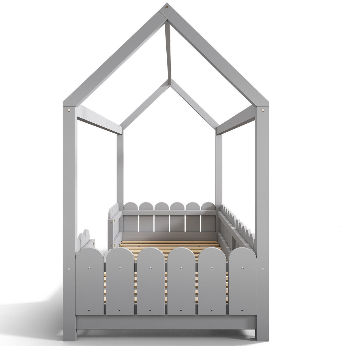 HAUSBETT 90/200 cm grau mit Rausfallschutz und Lattenrost - Grau, Holz (90/200cm) - OKWISH