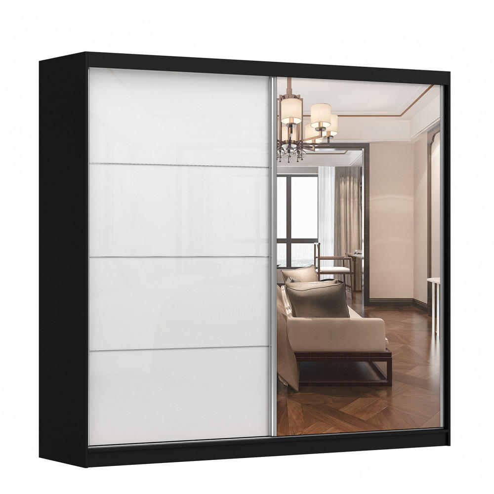 SCHWEBETÜRENSCHRANK Multi 35 Schwarz/Weiß Semigloss + Spiegel 233 cm - Schwarz/Weiß, Glas/Holz (233/233/61cm) - imoebel24