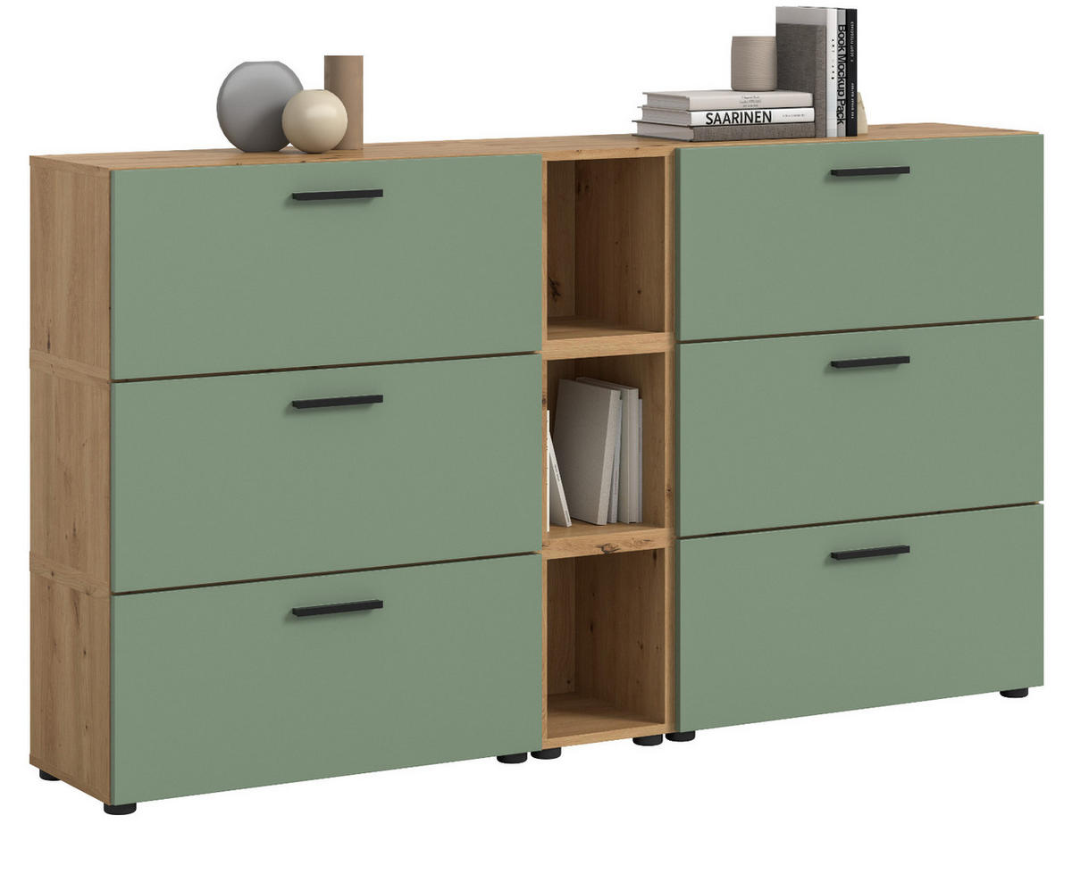 SIDEBOARD grün, Eiche Artisan 176 cm, Kommode mit Soft-Close - Schwarz/Eiche Artisan, Holzwerkstoff/Kunststoff (176/99/34cm) - Inn.Furn