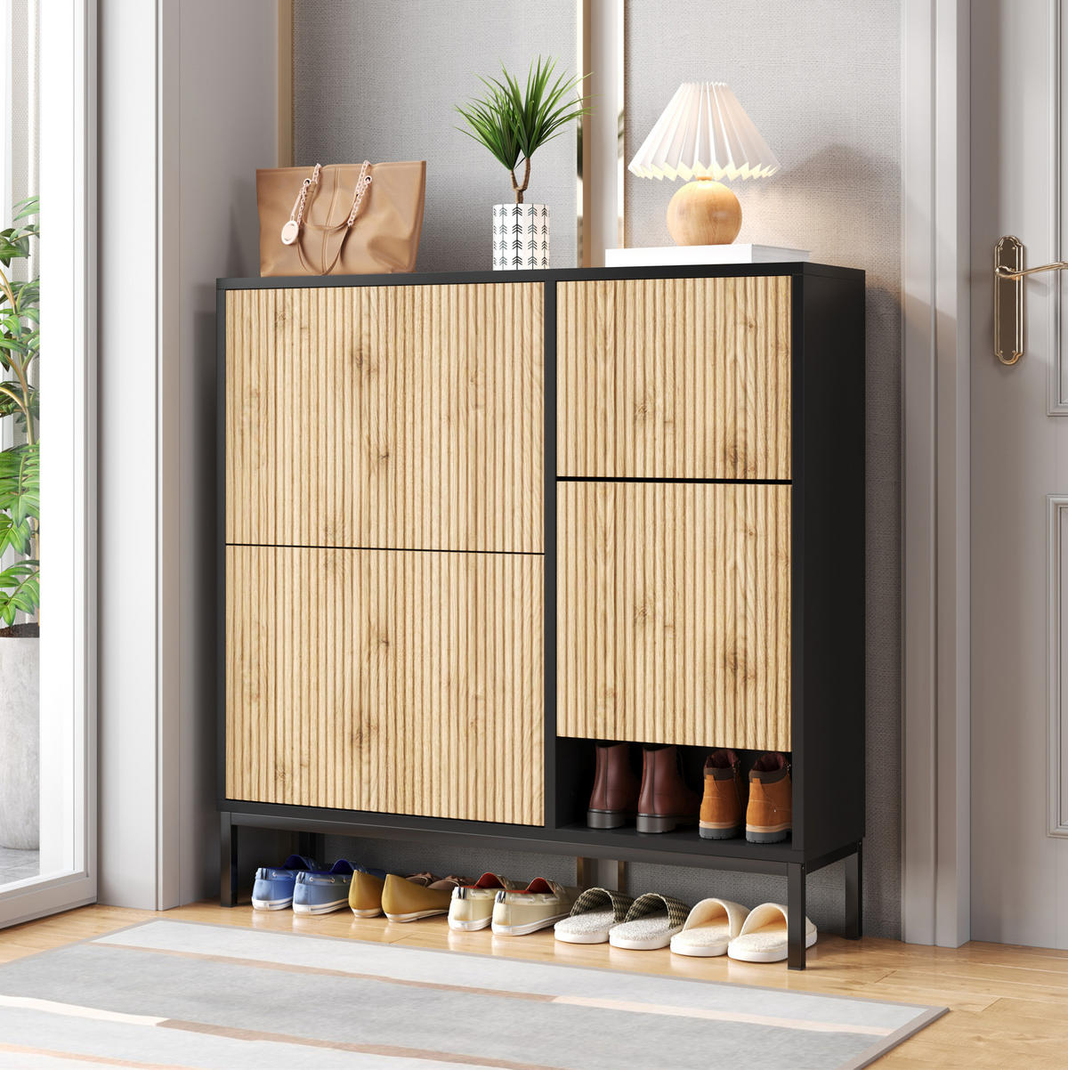 SCHUHSCHRANK mit Sitzbank 100 x 25 x 100 cm MDF Schwarz Natur - Schwarz, Holz (25/100/100cm) - Beauniv