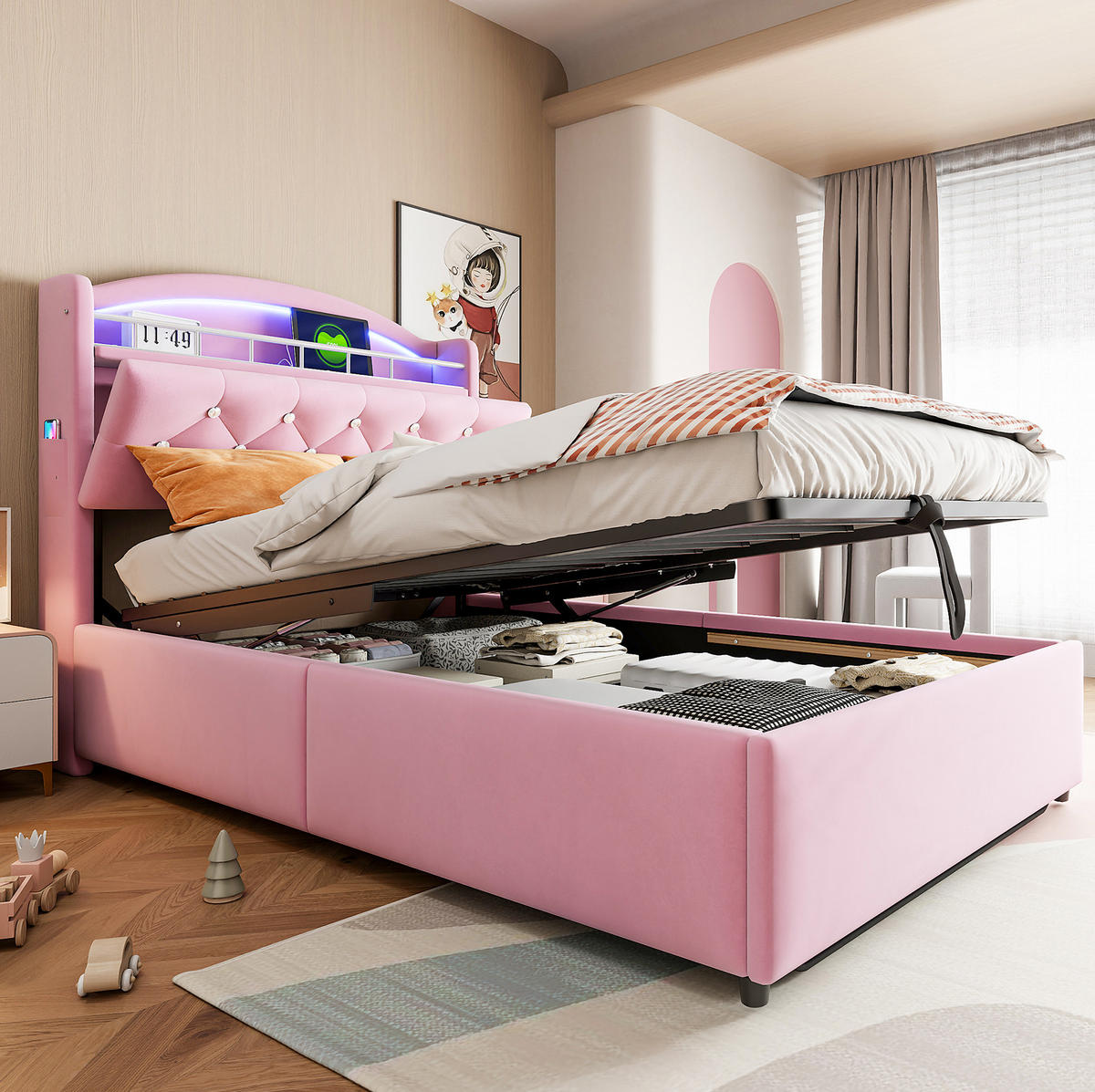 KINDERBETT 90/200 cm mit LED-Beleuchtung, USB-C, Bettkasten und Stauraumfach, Rosa - Pink, Textil (90/200cm) - Redom