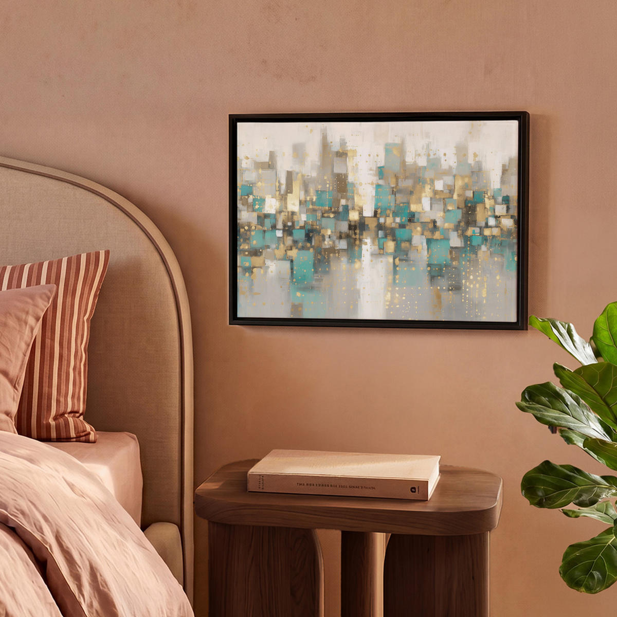LEINWAND Bilder mit Rahmen - Abstrakt - Blöcke - Gold - Skyline - 40x30 - Beige, Textil (40/30cm) - MuchoWow