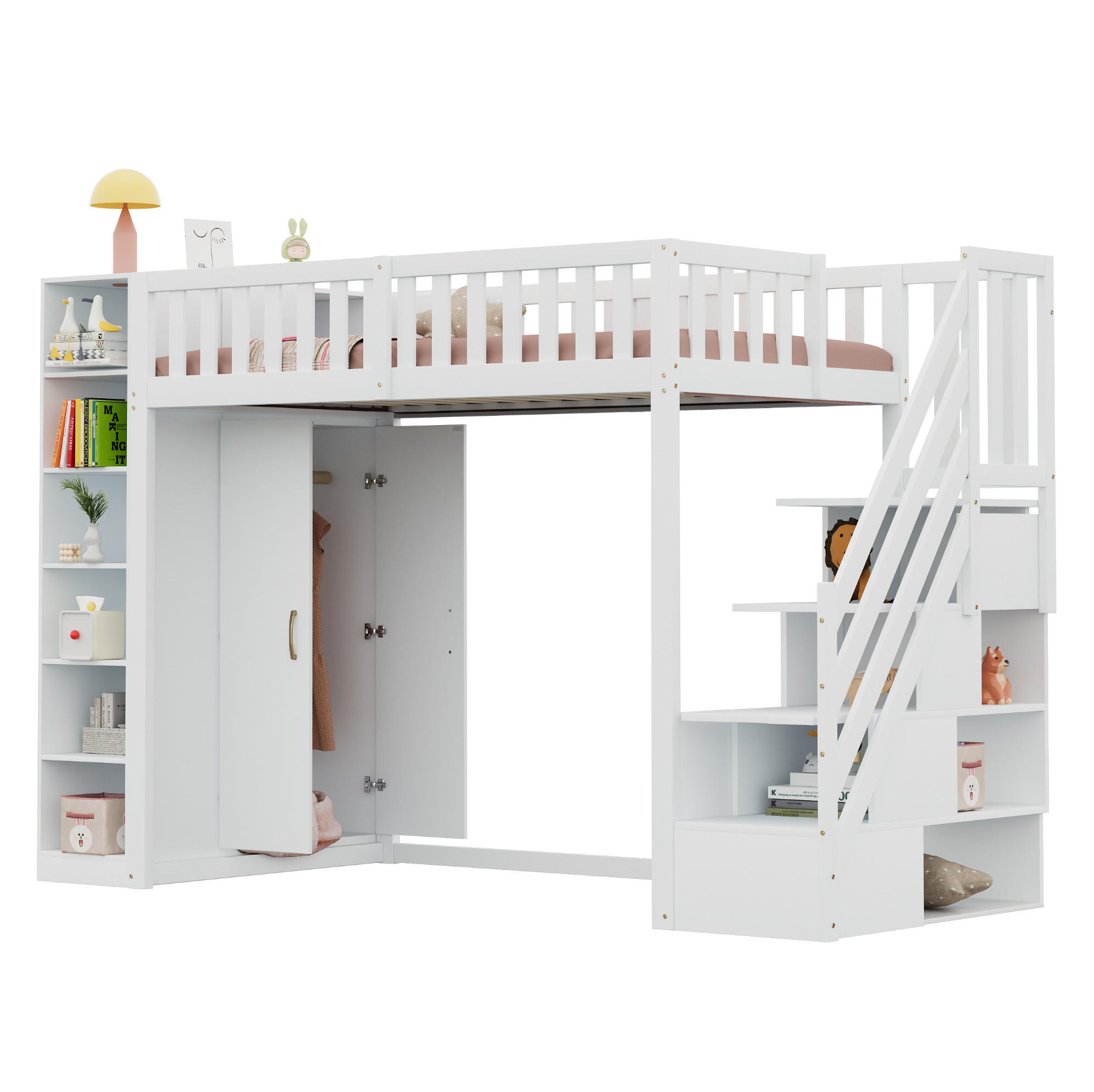 HOCHBETT 90/200 cm in Weiß mit Kleiderschrank, Regalen und Stauraumleiter - Weiß, Holzwerkstoff (90/200cm) - Flora Grace