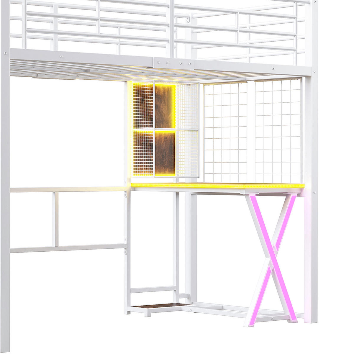 HOCHBETT 140x200cm Weiß LED-Licht Ablageleiter Schreibtisch Kleiderschrank - Weiß, Metall (140/200cm) - FLIEKS