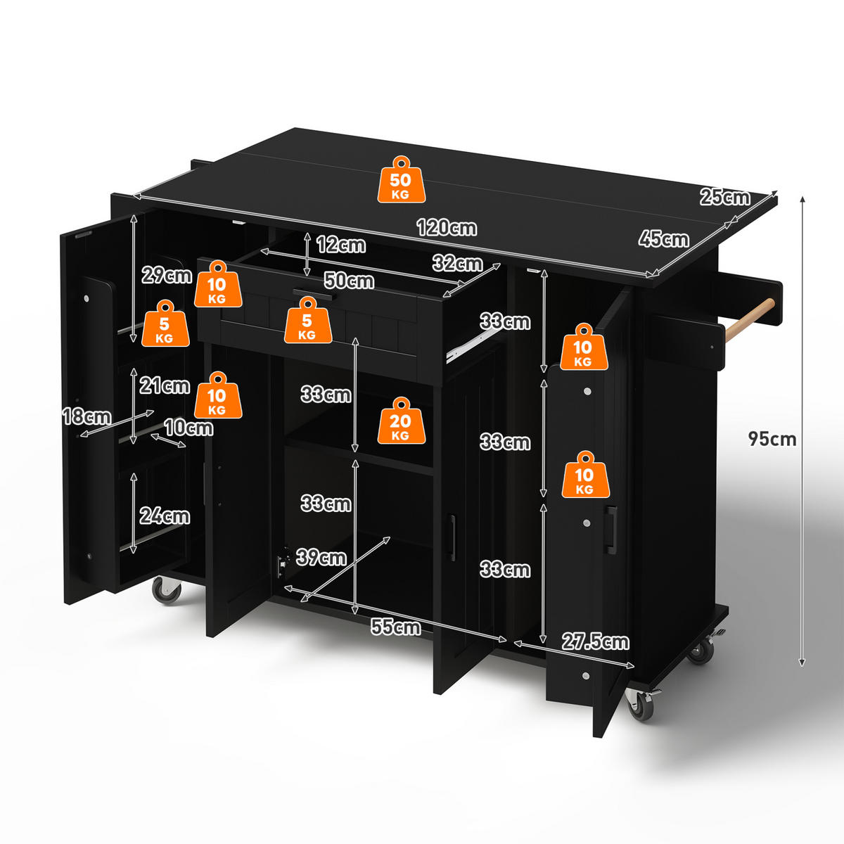 KÜCHENINSEL 120/95/45(70) cm Schwarz aus MDF mit klappbarer Arbeitsplatte - Schwarz, Holzwerkstoff (70/95/120cm) - OKMYHOME