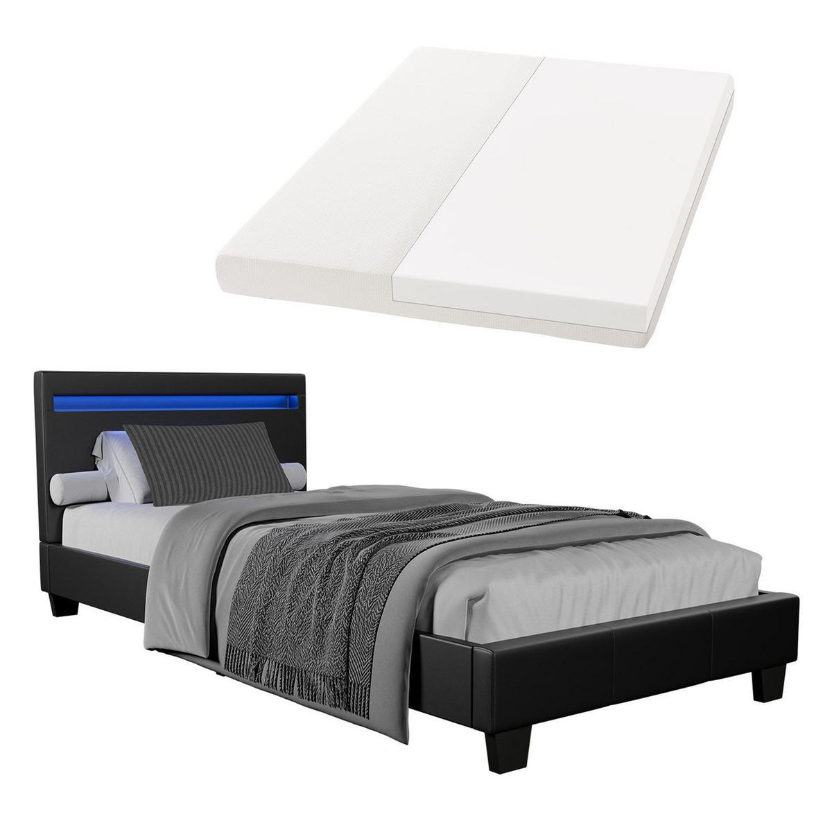 POLSTERBETT Verona mit Matratze und LED schwarz 90x200cm - Schwarz, Textil (90/200cm) - Juskys