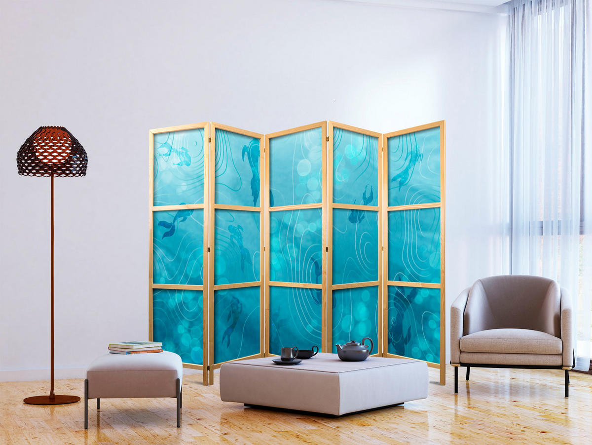 PARAVENT Japanischer 5-tlg 225x172 cm Fische Unter Wasser - Blau, Holz/Textil (225/172/3cm) - Muralo