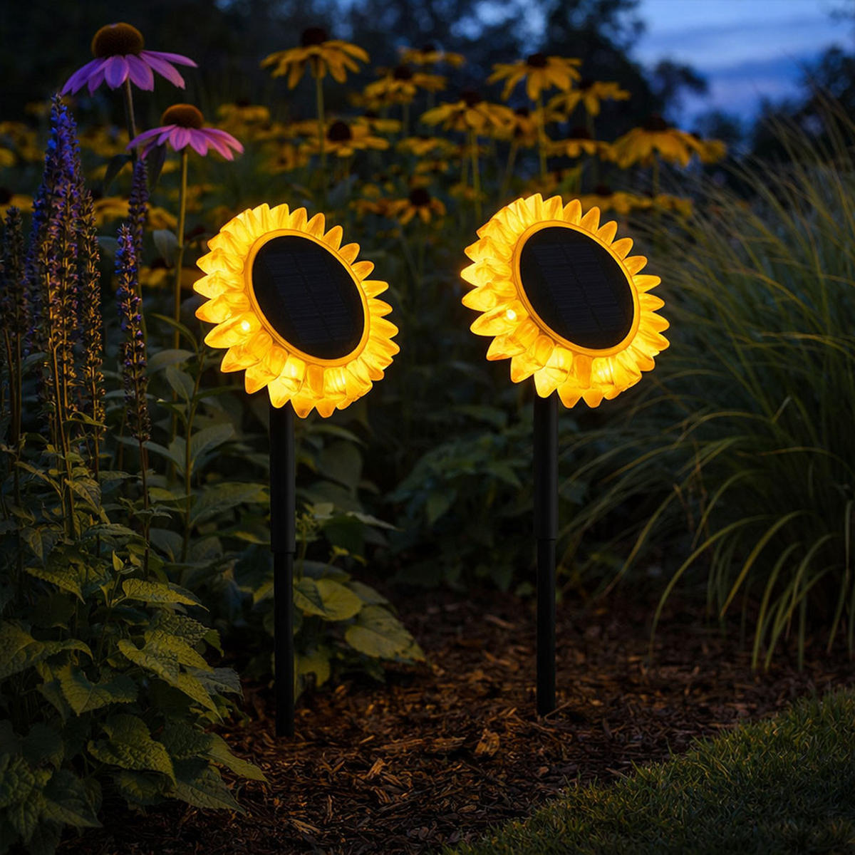 LED AUSSENLEUCHTE Sonnenblume Schwarz Gelb 2er Set - Schwarz, Kunststoff (13/13/29.5cm) - Globo Lighting