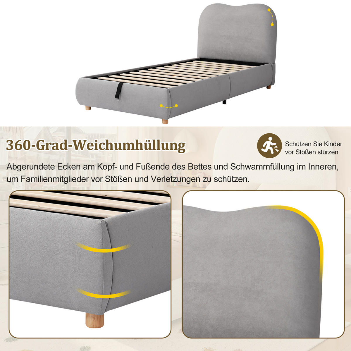 POLSTERBETT 90 x 200cm mit Lattenrost, hydraulisches Funktionsbett, Leinen, Grau - Grau, Holz/Textil (90/200cm) - KOMHTOM