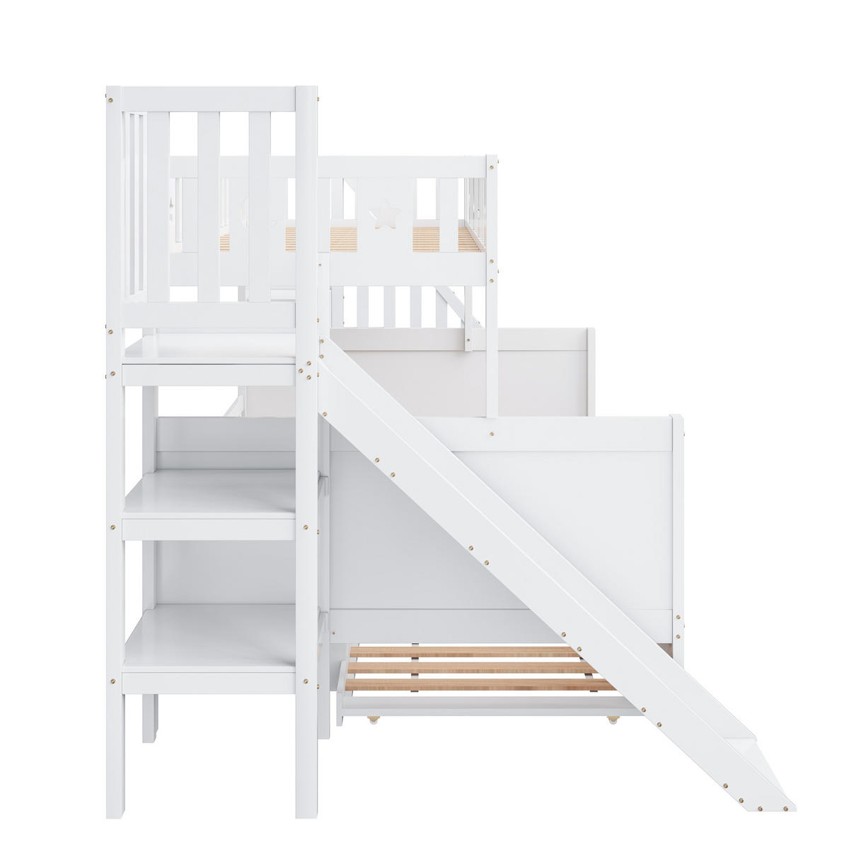 ETAGENBETT 90/200 cm und 140/200 cm weiß mit Sicherheitsrutsche und Regal - Weiß, Holz (90/200cm) - OKWISH