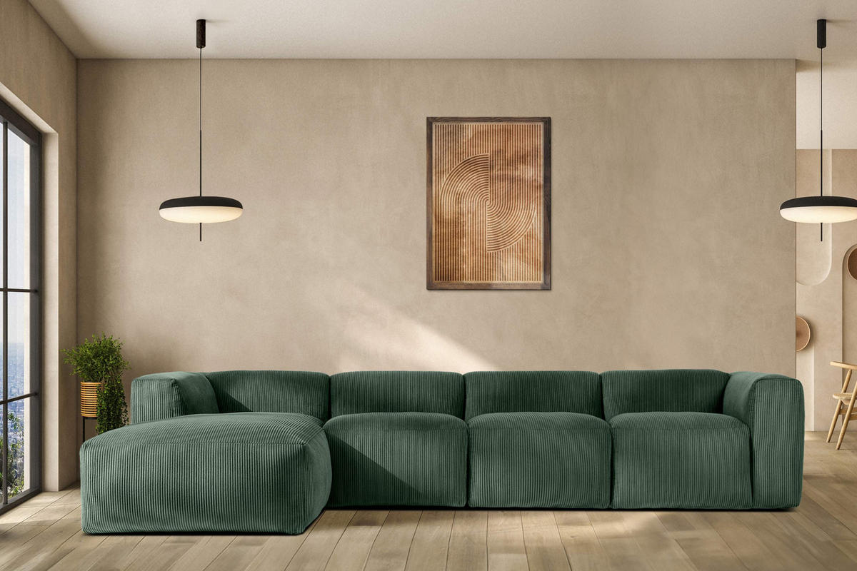 ECKMODULSOFA-RECHTS BUFFO 6-Sitzer mit extrem weicher Sitzfläche, Kordstoff, dunkelgrün - Dunkelgrün, Textil (377/180cm) - KONSIMO®